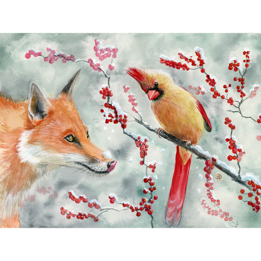 Fox and Lady Cardinal Christmas Art