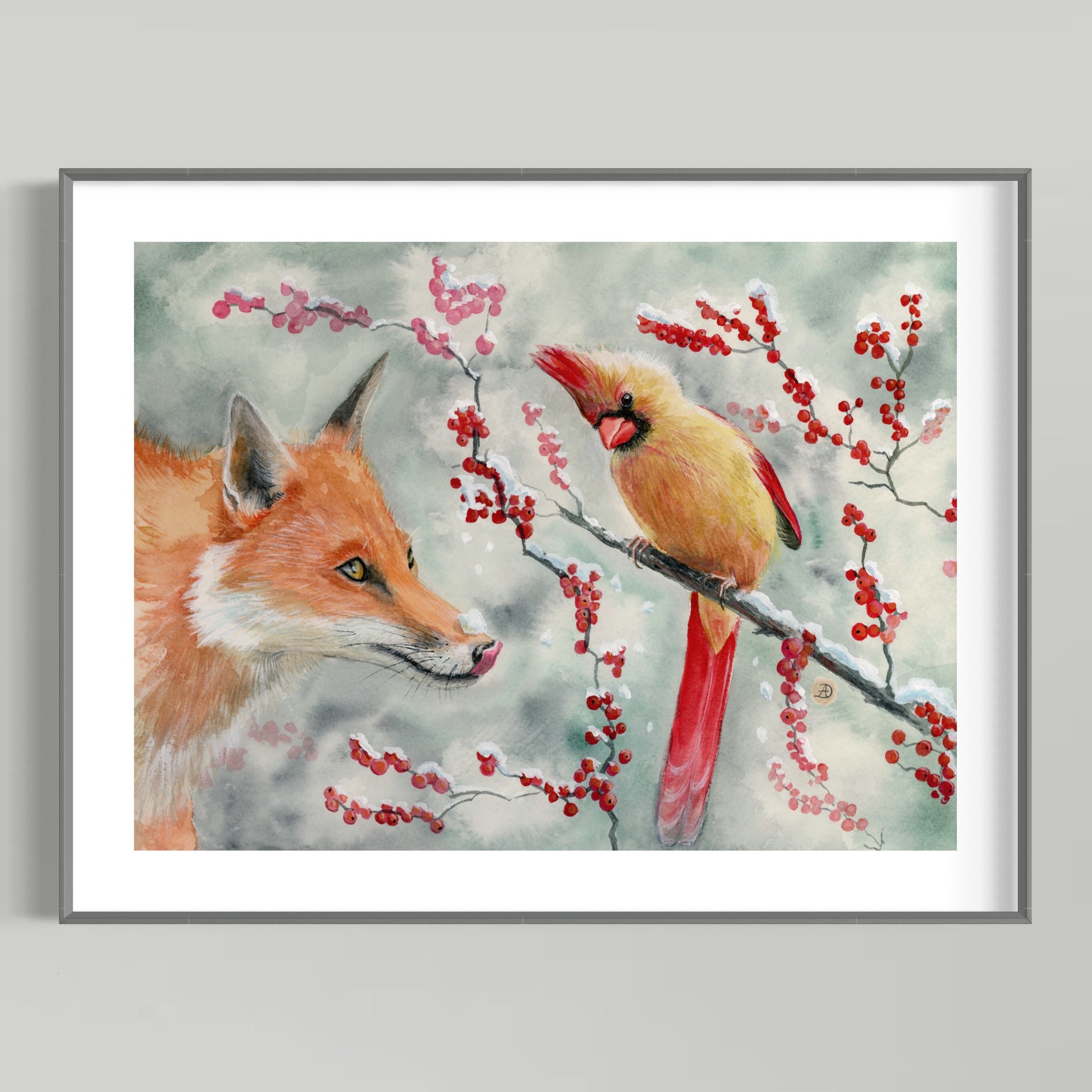 Fox and Lady Cardinal Christmas Holidays Art