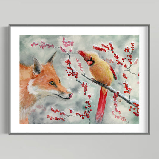 Fox and Lady Cardinal Christmas Holidays Art
