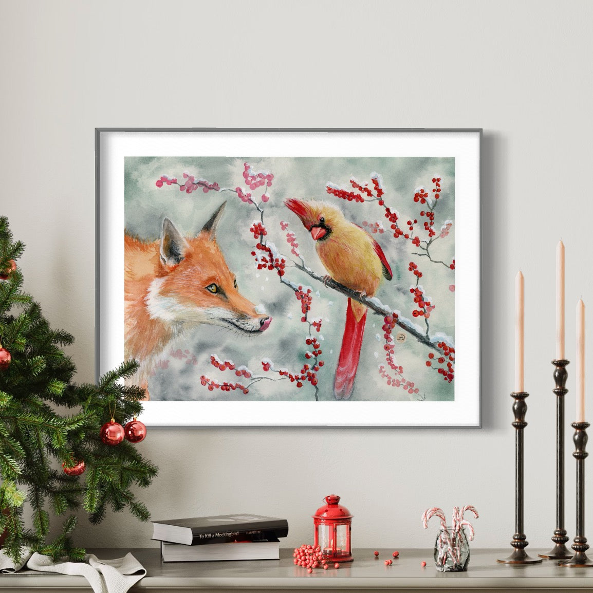 Christmas illustration with a fox and a female cardinal bird,