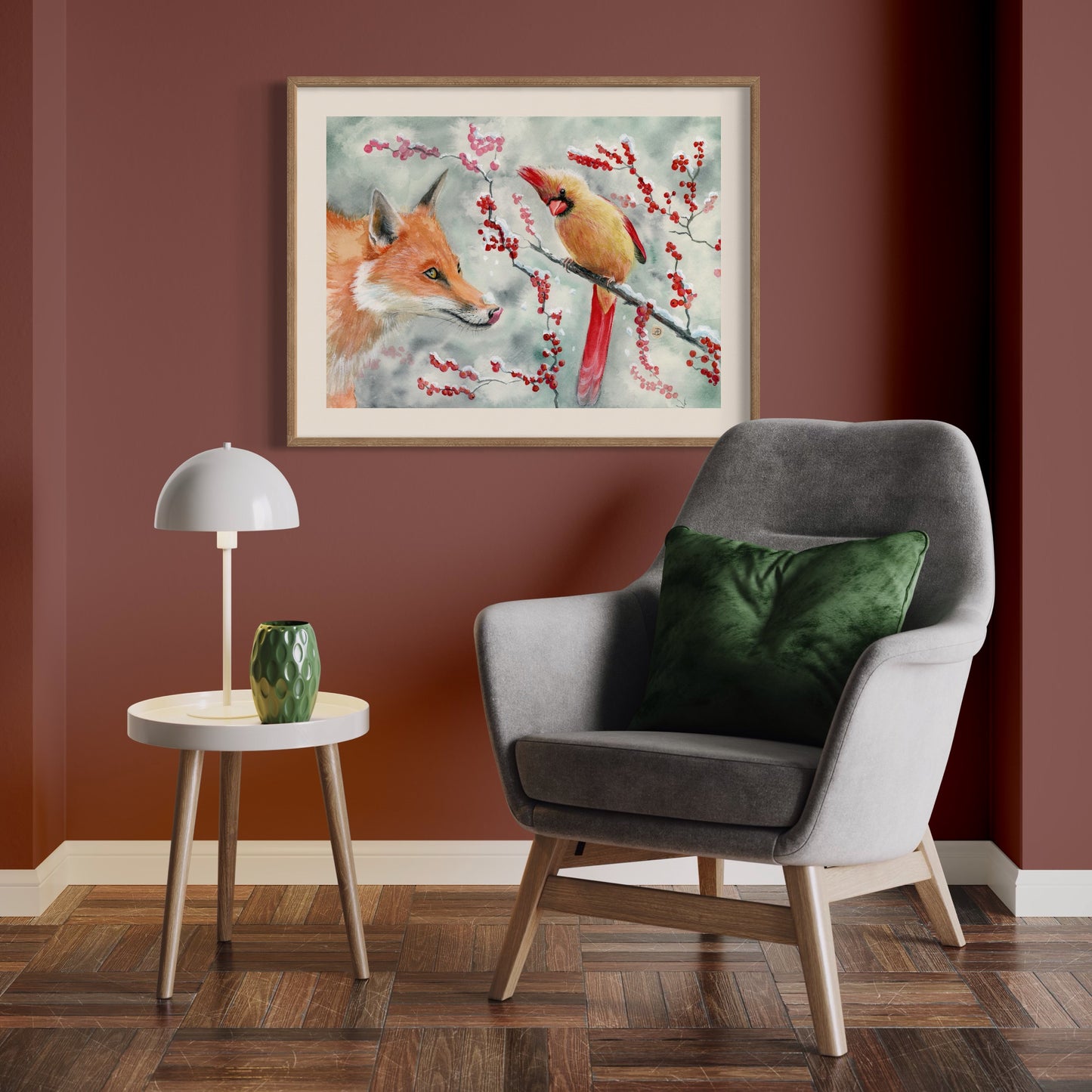 Framed wall art of Fox and Lady Cardinal. A Christmas painting
