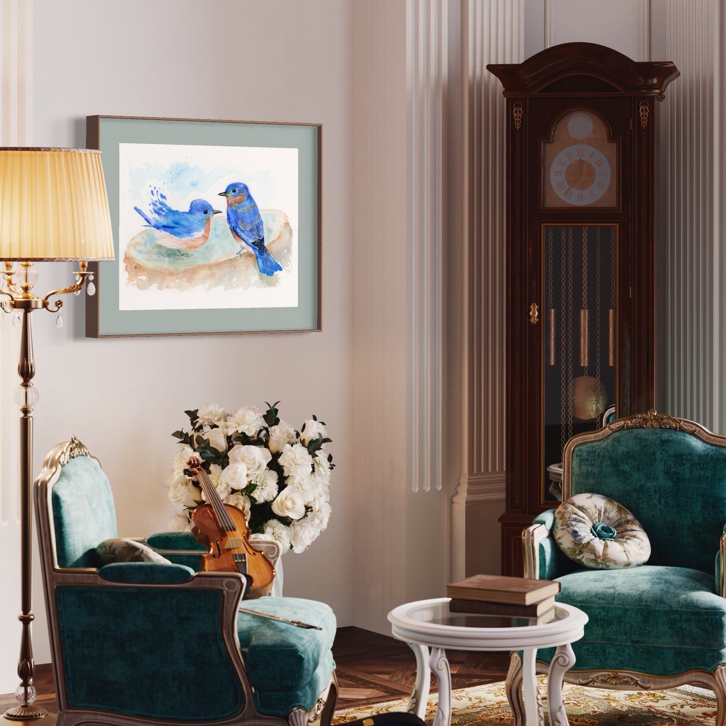 A Pair of Bluebirds at the Bird Bath - Art Print