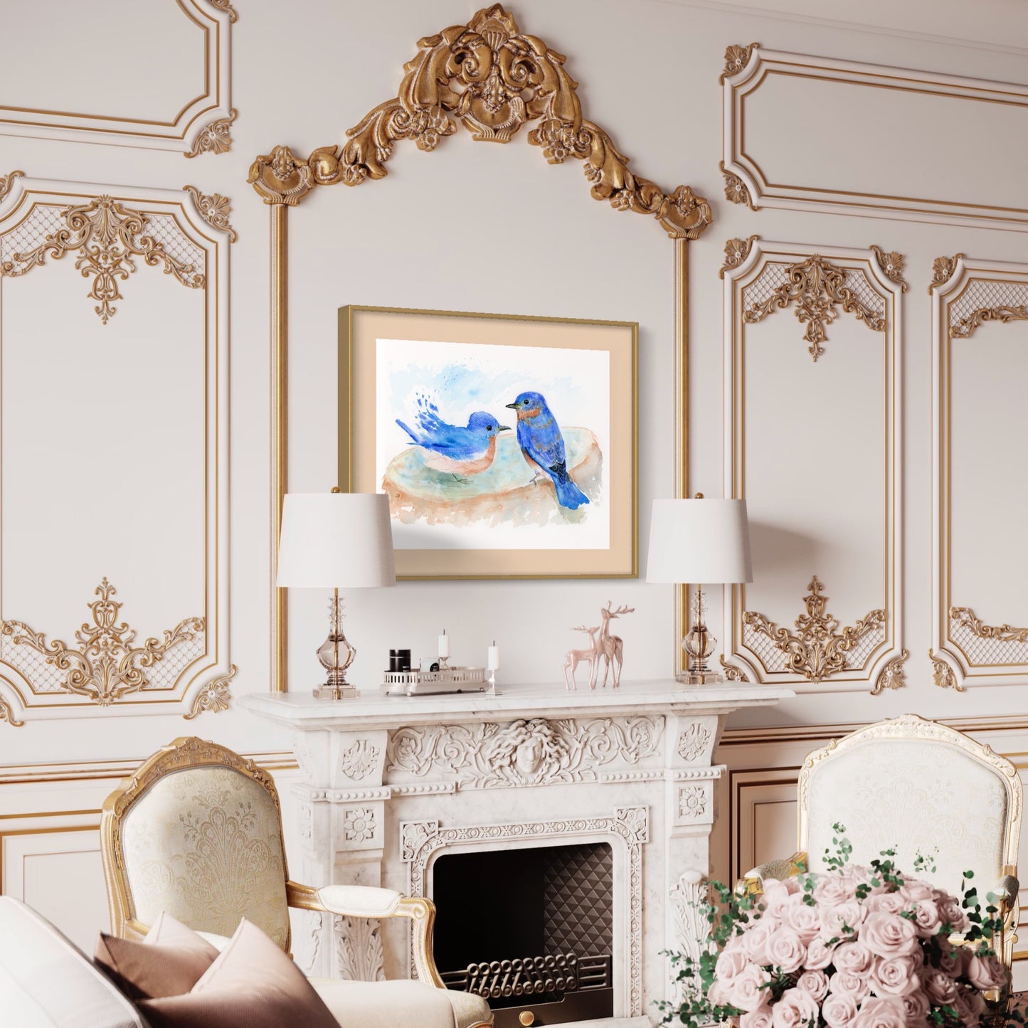 A Pair of Bluebirds at the Bird Bath - Art Print
