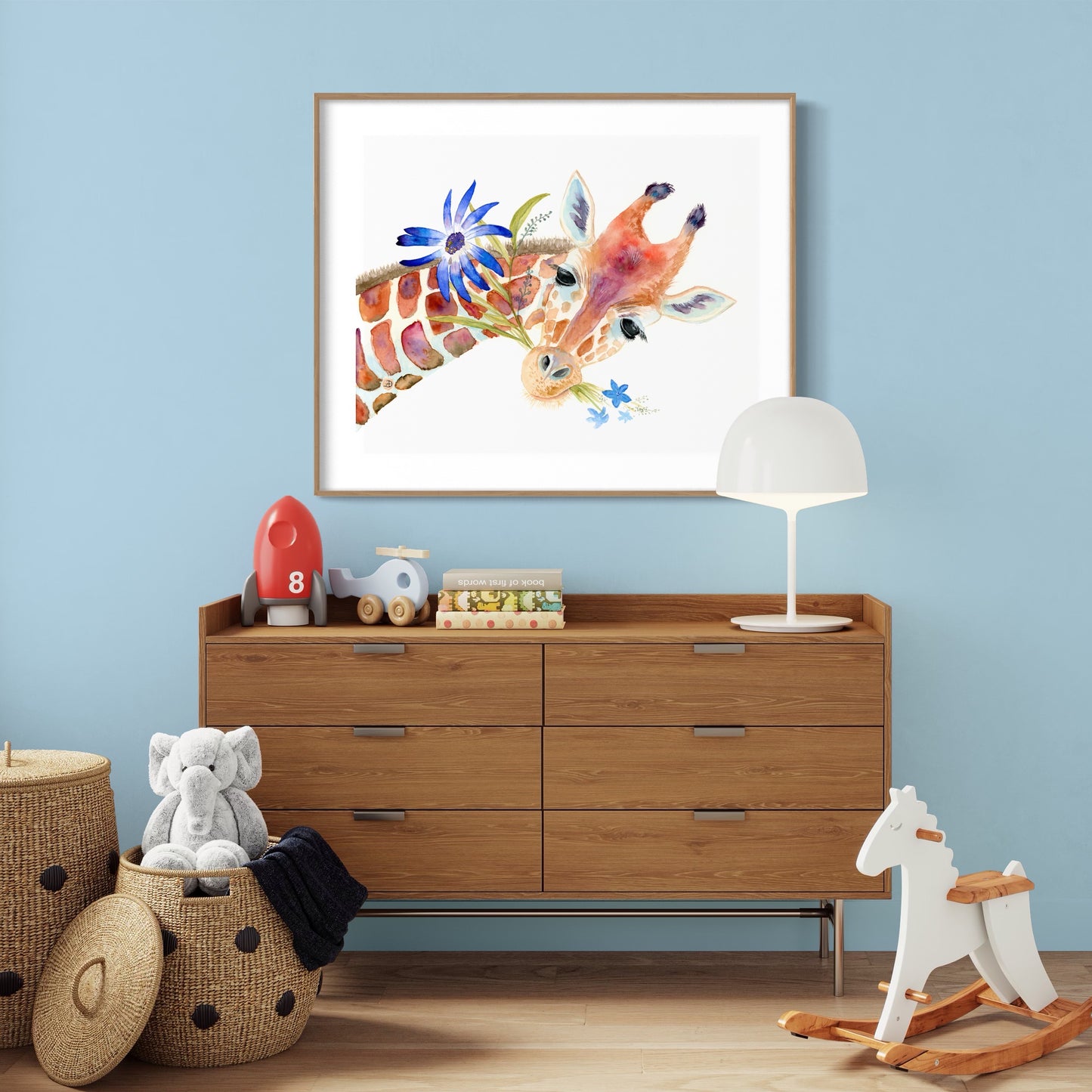 Cute Giraffe with Blue Flowers - Art Print