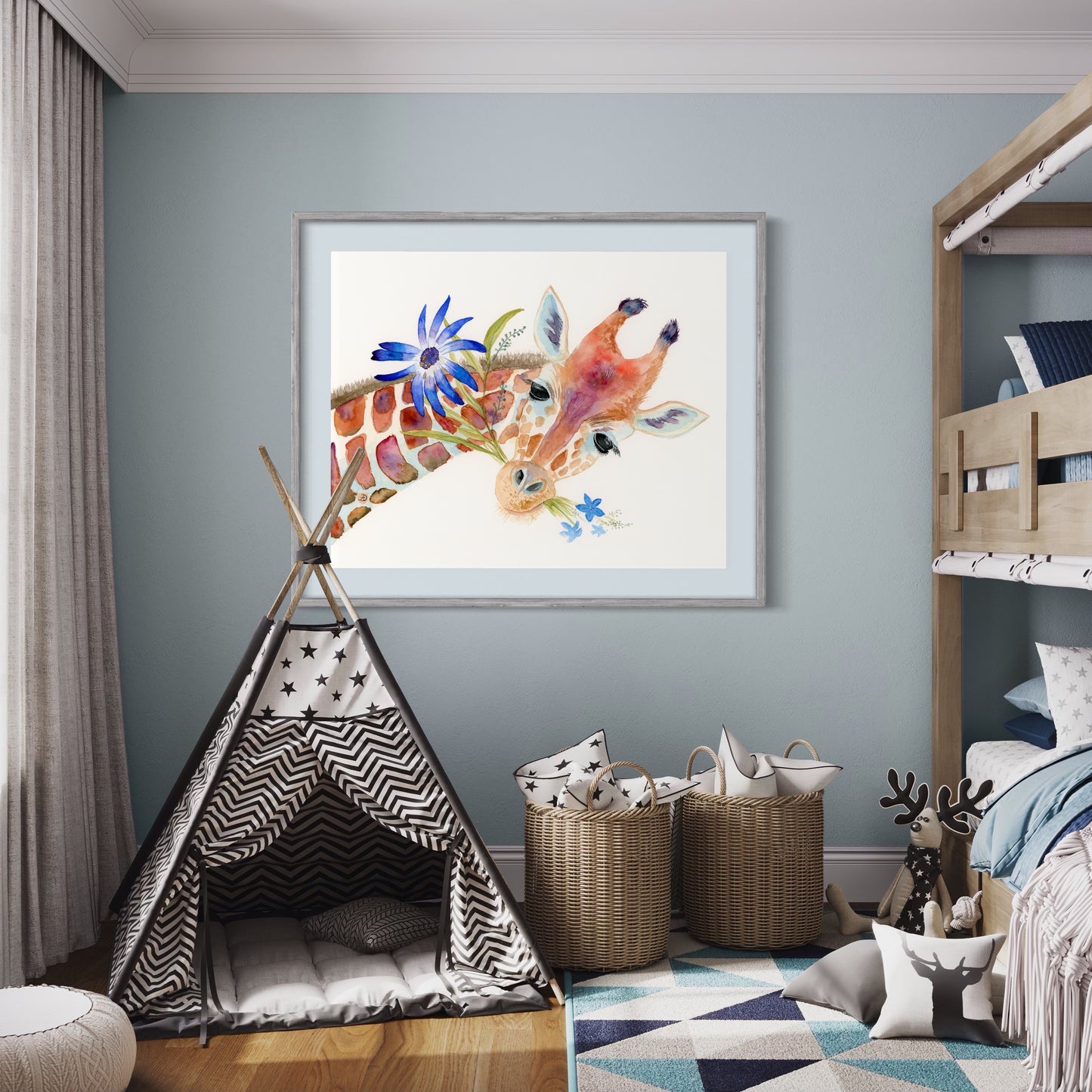 Cute Giraffe with Blue Flowers - Art Print