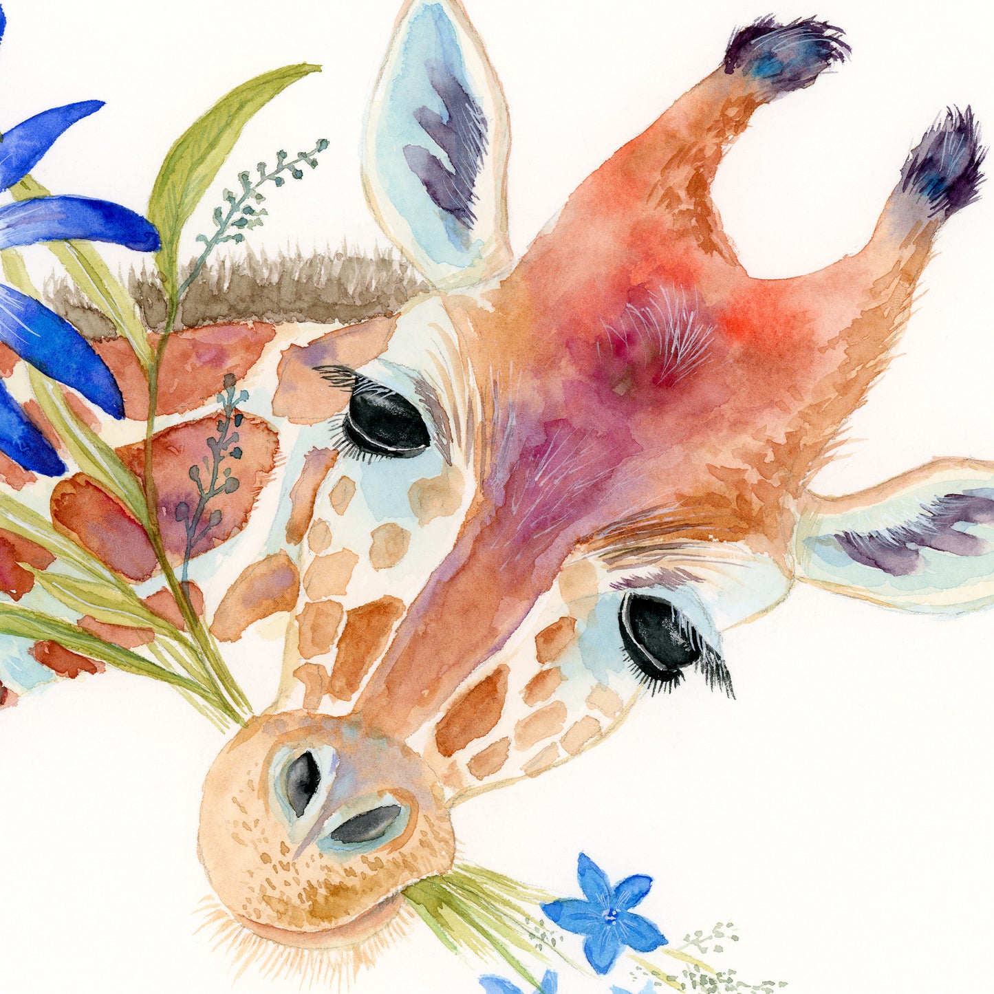 Cute Giraffe with Blue Flowers - Art Print