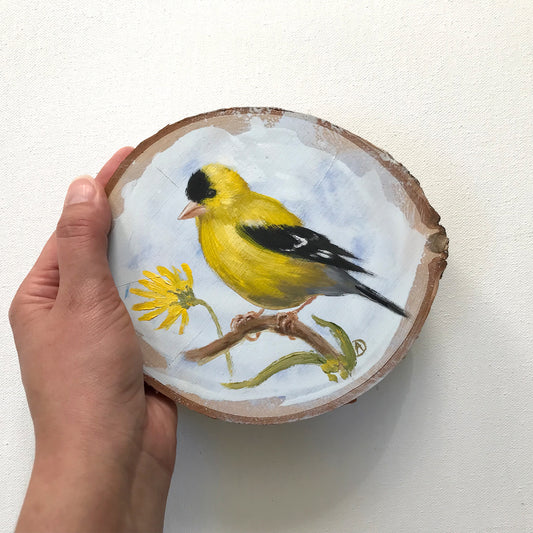 American goldfinch - yellow bird acrylic painting on wood, by Andreea Dumez
