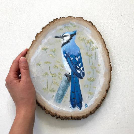 Blue jay - Original acrylic painting on wood, by Andreea Dumez