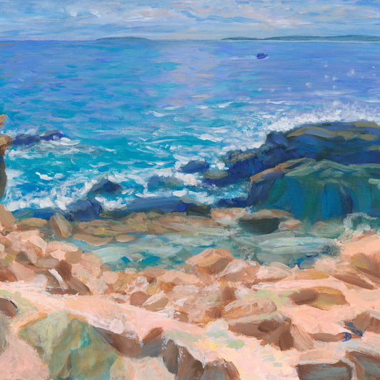 Detail of an acrylic painting depicting a seascape with sunny rocks and the Atlantic ocean at the Acadia National Park, by Andreea Dumez