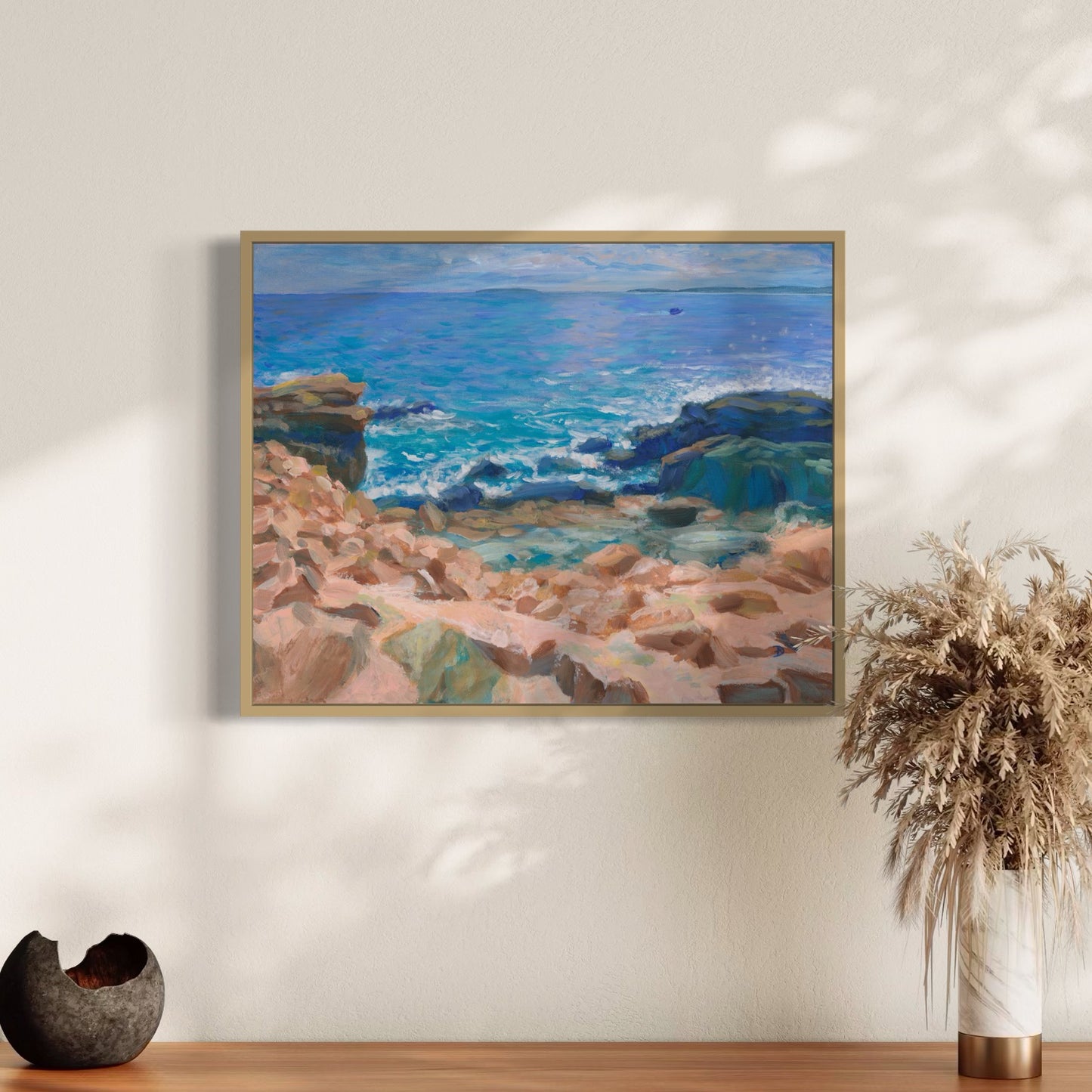 Close-up wall art with an acrylic painting depicting a seascape with sunny rocks and the Atlantic ocean at the Acadia National Park, by Andreea Dumez