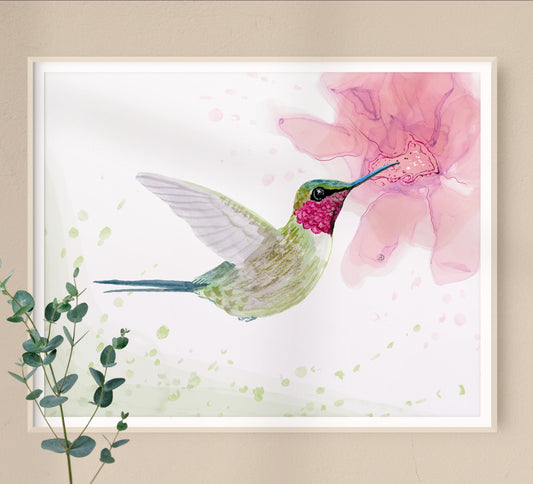 Amethyst woodstar hummingbird watercolor painting by Andreea Dumez