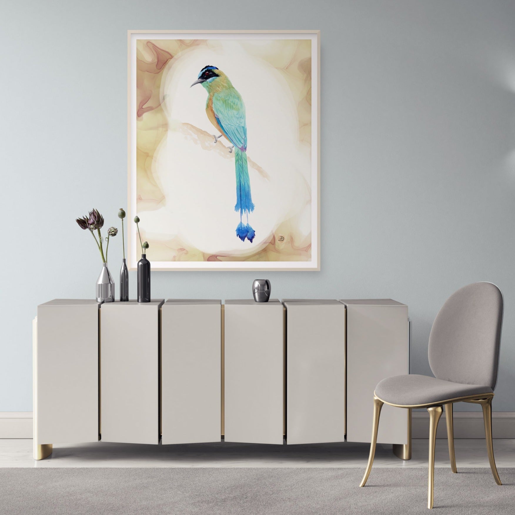Amazonian Motmot Watercolor Art Print on a wall by Andreea Dumez