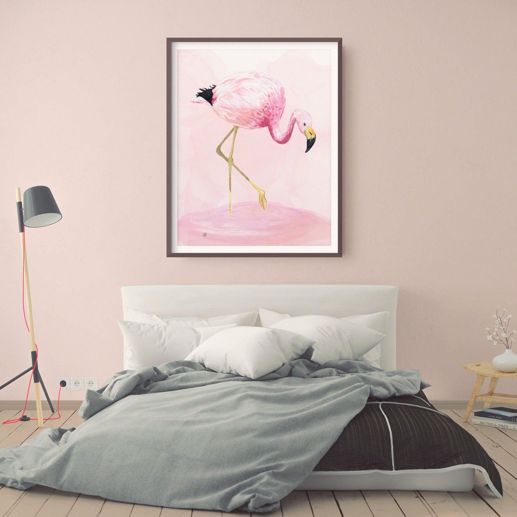 Pink Flamingo Framed Art print on a wall in a girl's bedroom