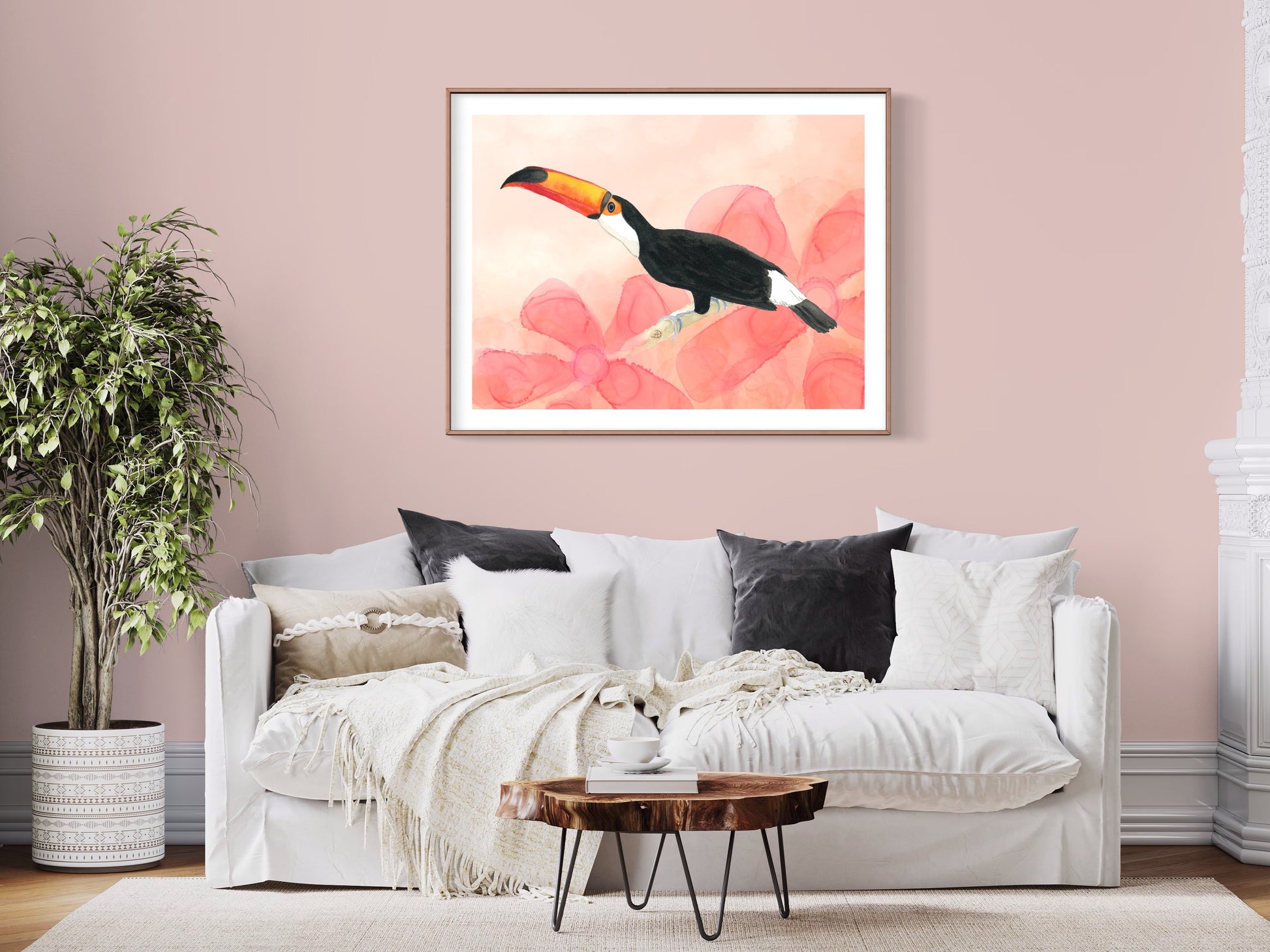 Toco Toucan framed art print on a wall