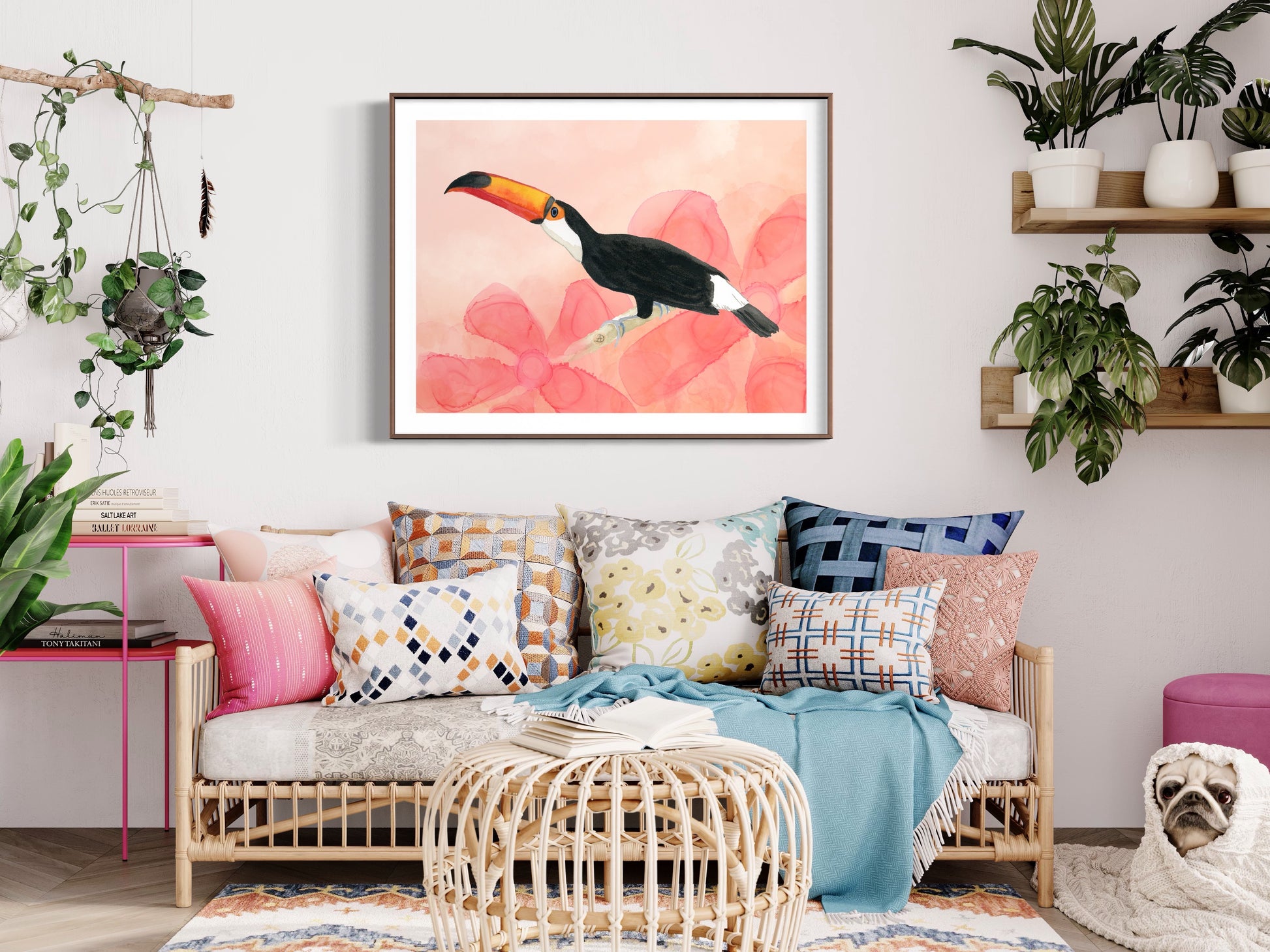 Art print of Toco Toucan above a boho chic couch