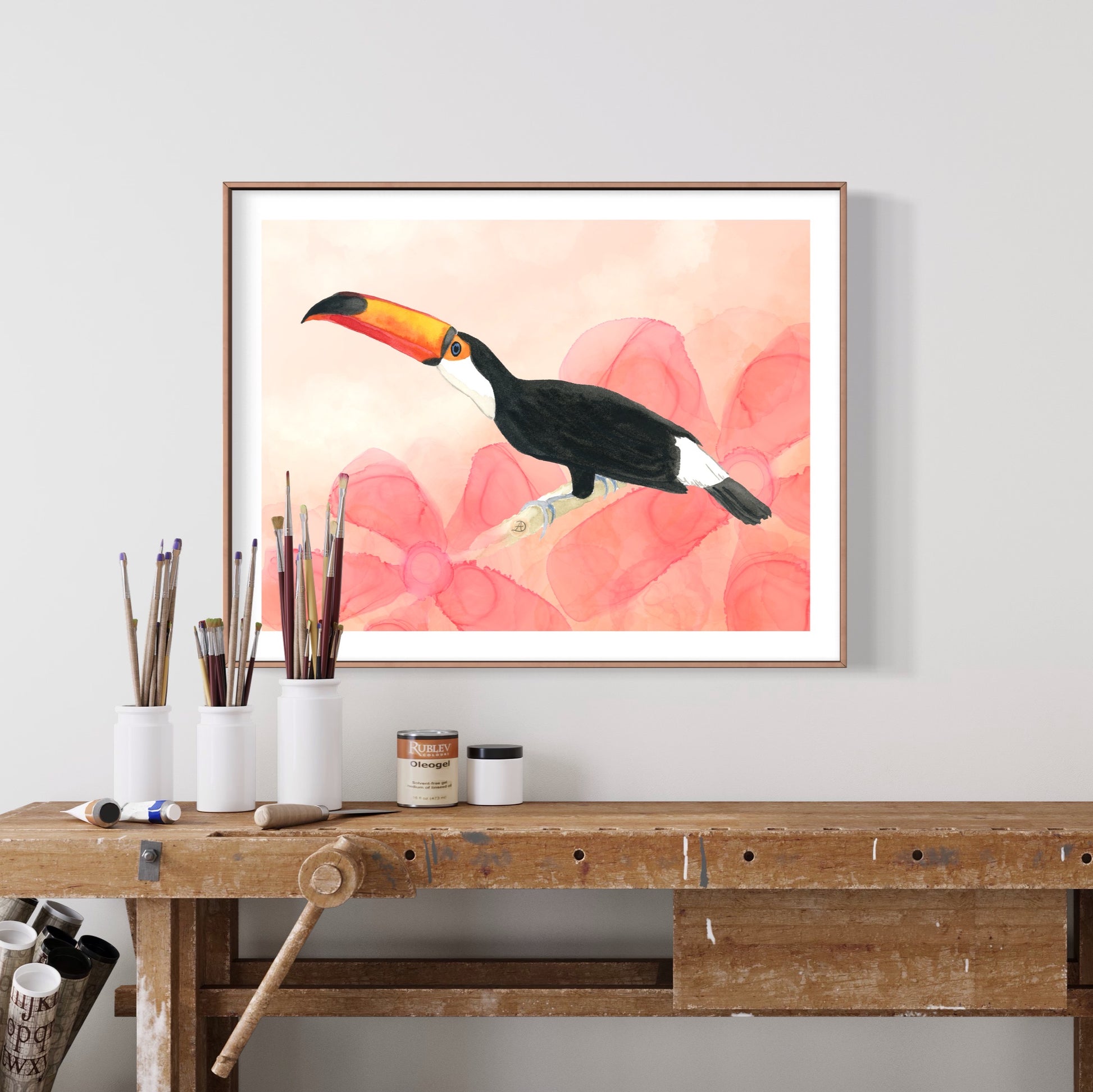 Toco Toucan framed art print in a rustic studio