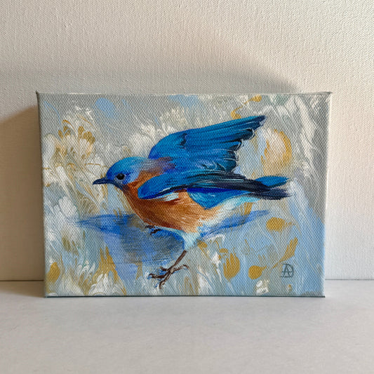 Bluebird spreading its wings - acrylic painting. 