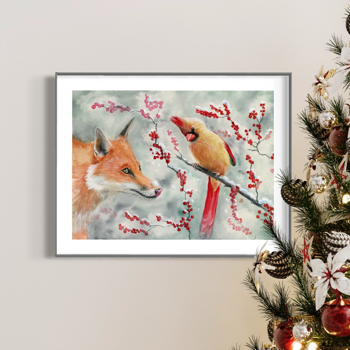 Christmas illustration with a fox and a female cardinal bird, 