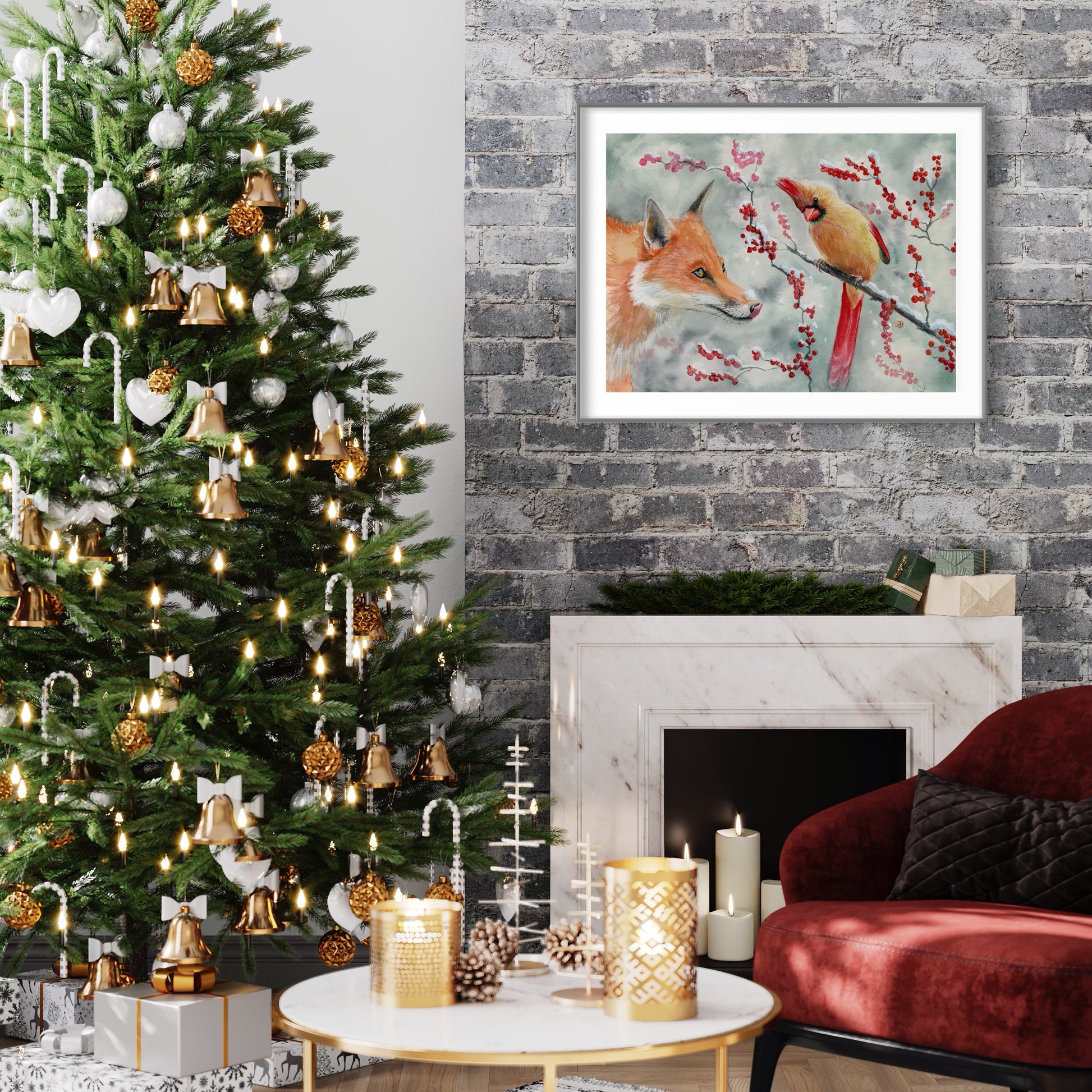 Christmas illustration with a fox and a female cardinal bird, 