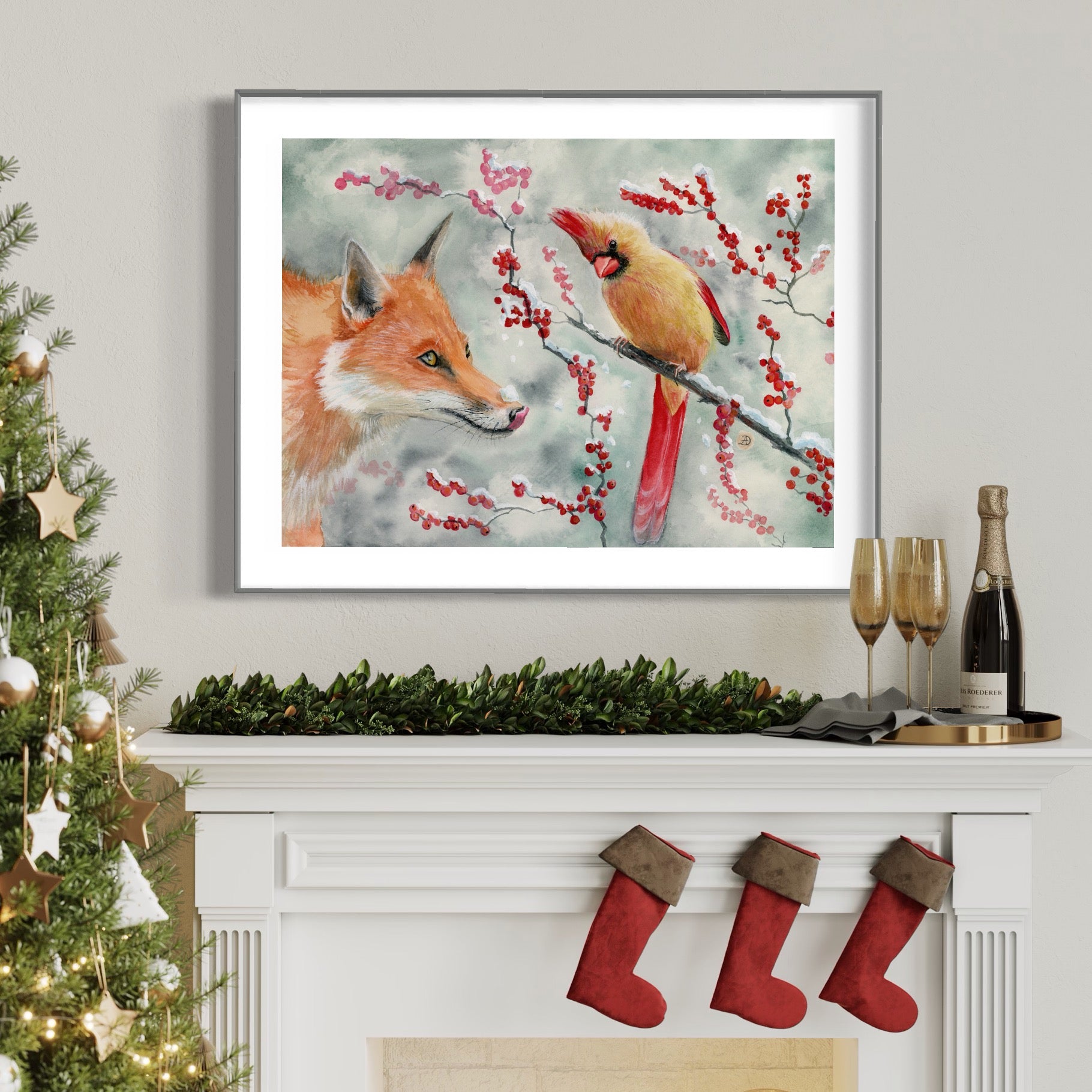 Christmas illustration with a fox and a female cardinal bird, 