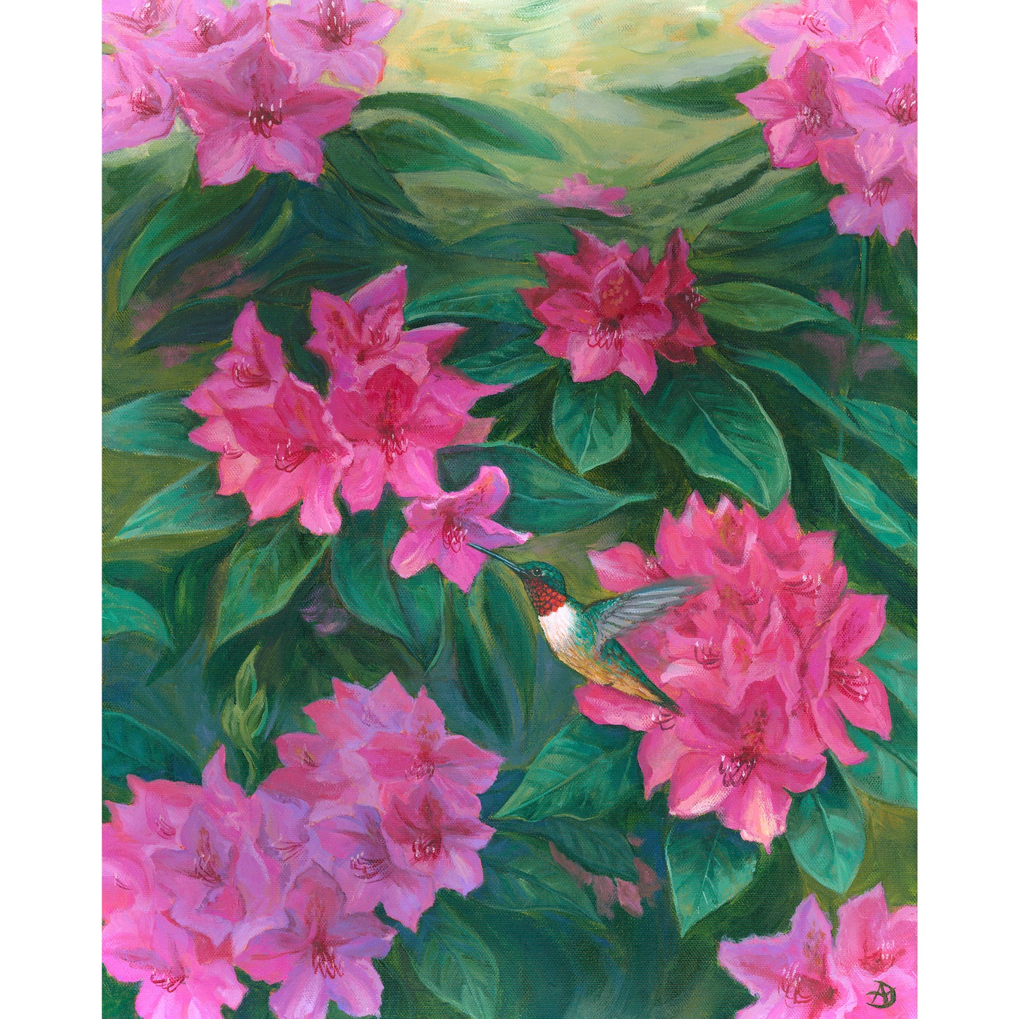 Hummingbird among azalea flowers