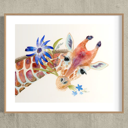 Cute Giraffe with Blue Flowers - Art Print