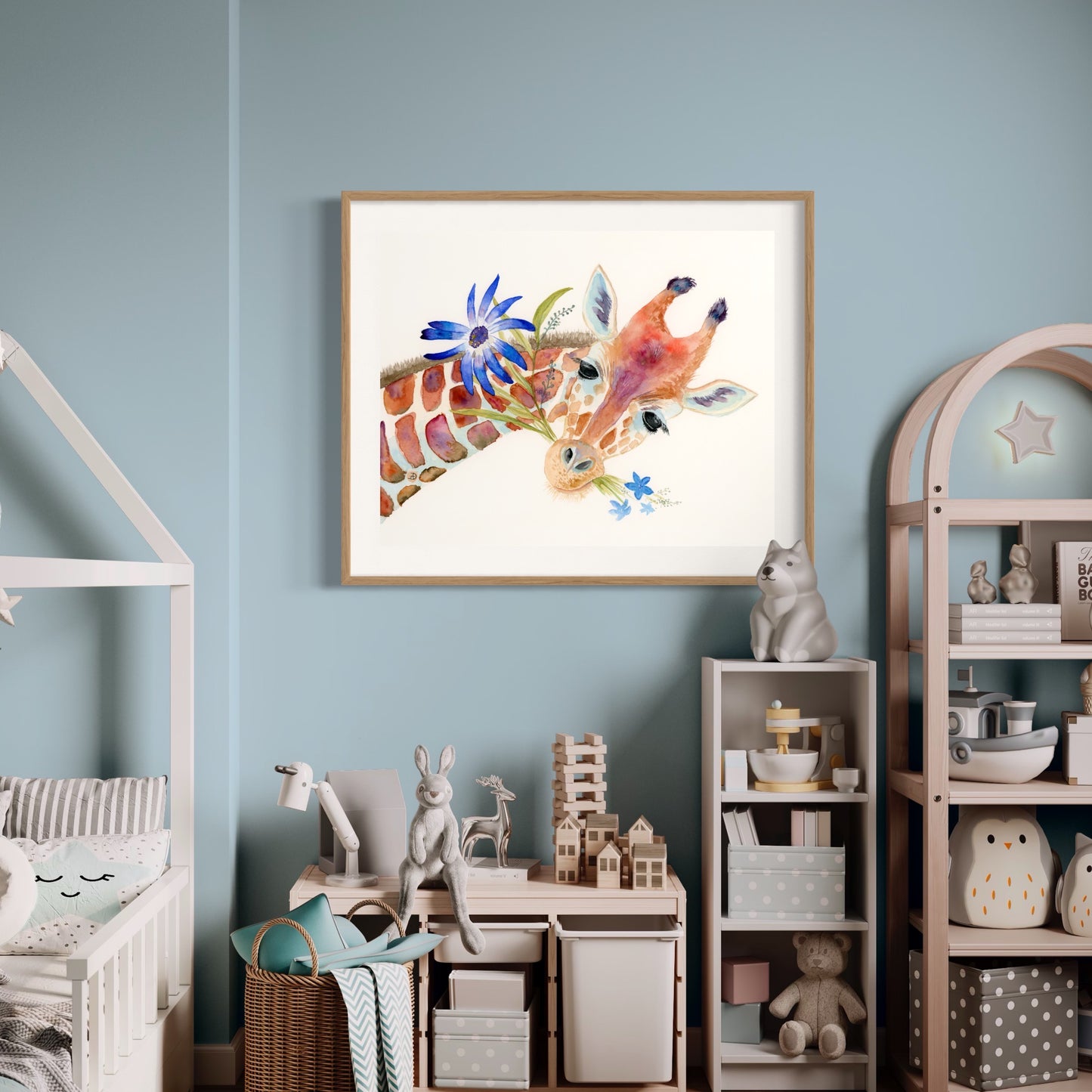 Cute Giraffe with Blue Flowers - Art Print