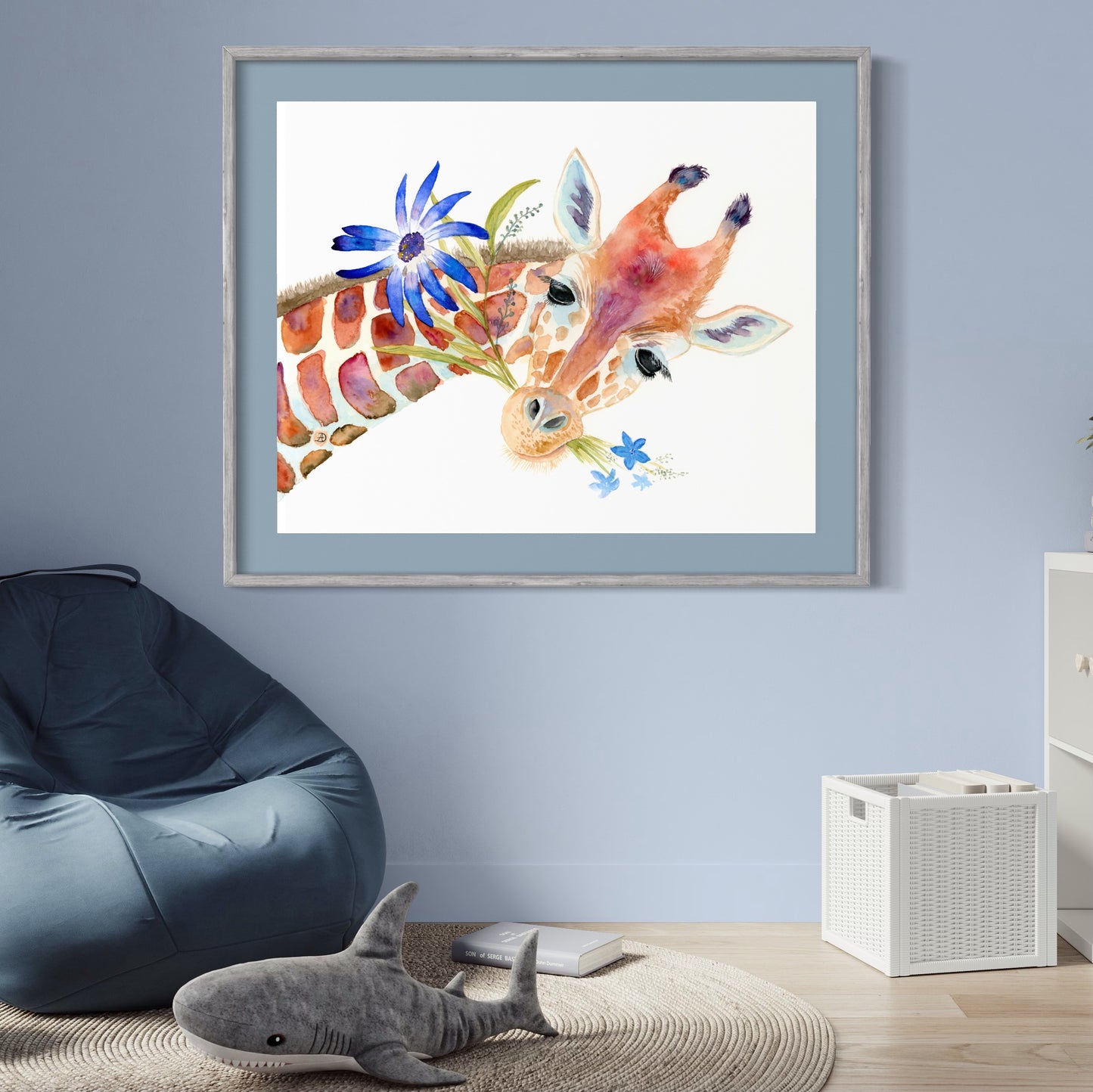 Cute Giraffe with Blue Flowers - Art Print