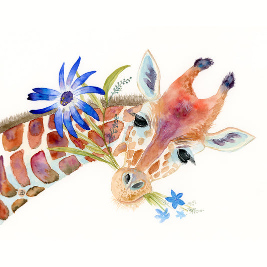 Cute Giraffe with Blue Flowers - Art Print