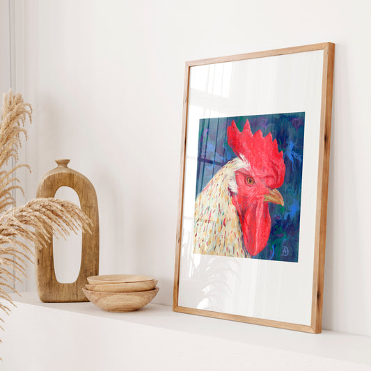 Squinting Rooster portrait called "Inner Critic"