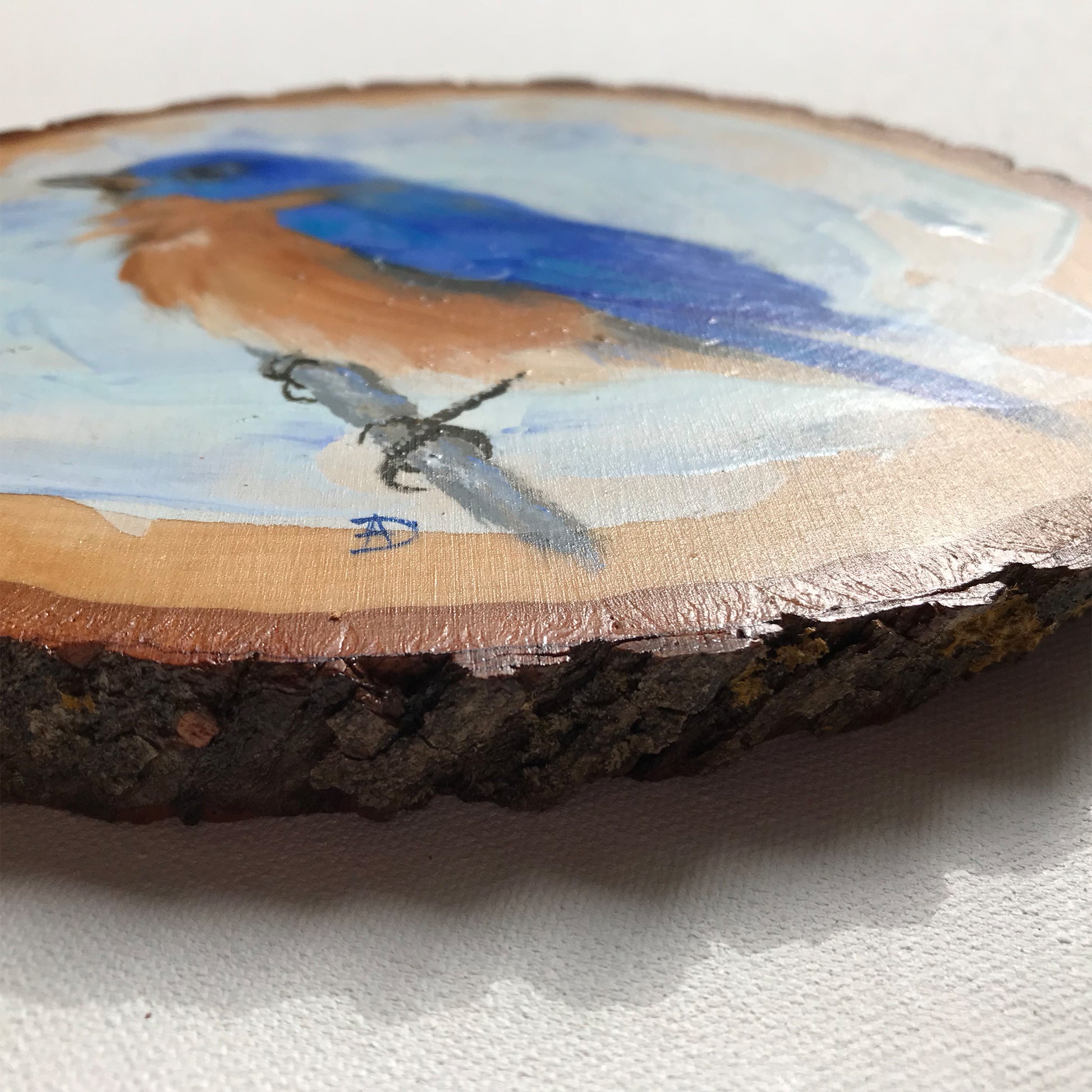 Detail of Eastern Bluebird Acrylic on wood painting by Andreea Dumez