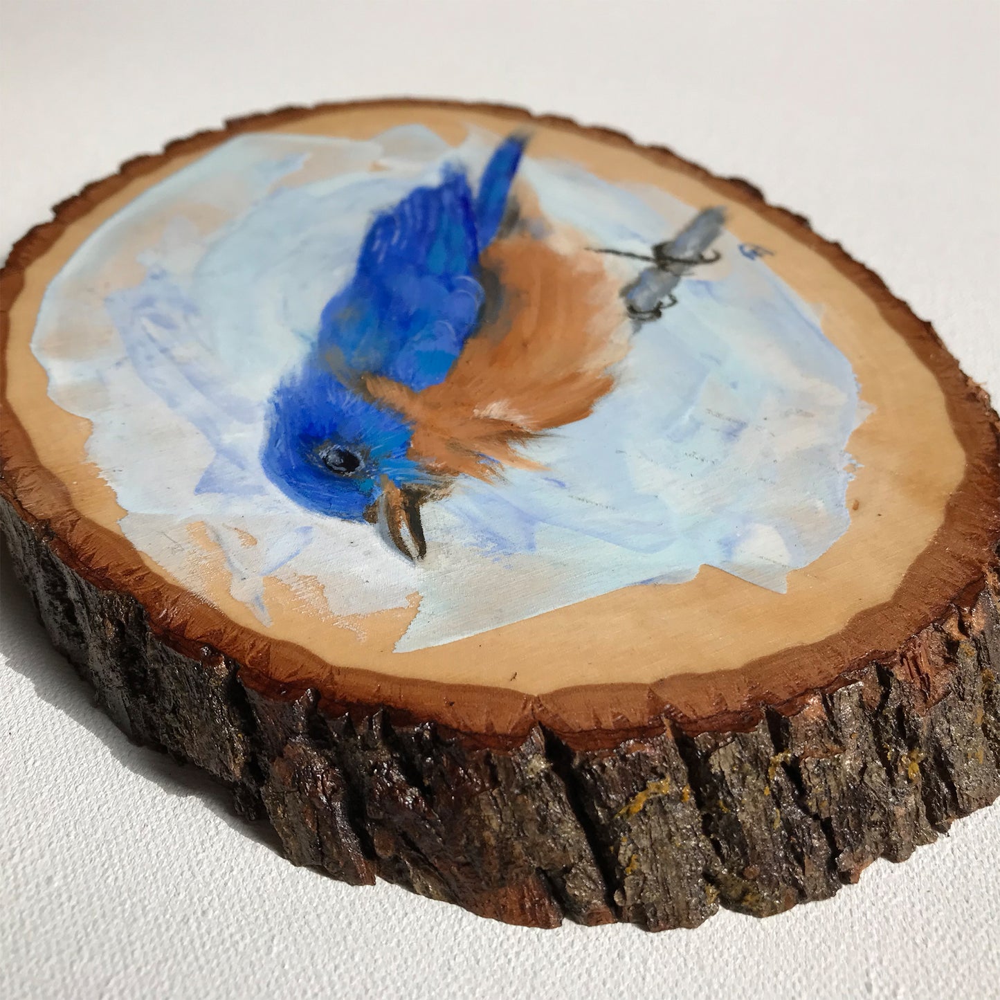 Detail of Eastern Bluebird Acrylic on wood painting by Andreea Dumez