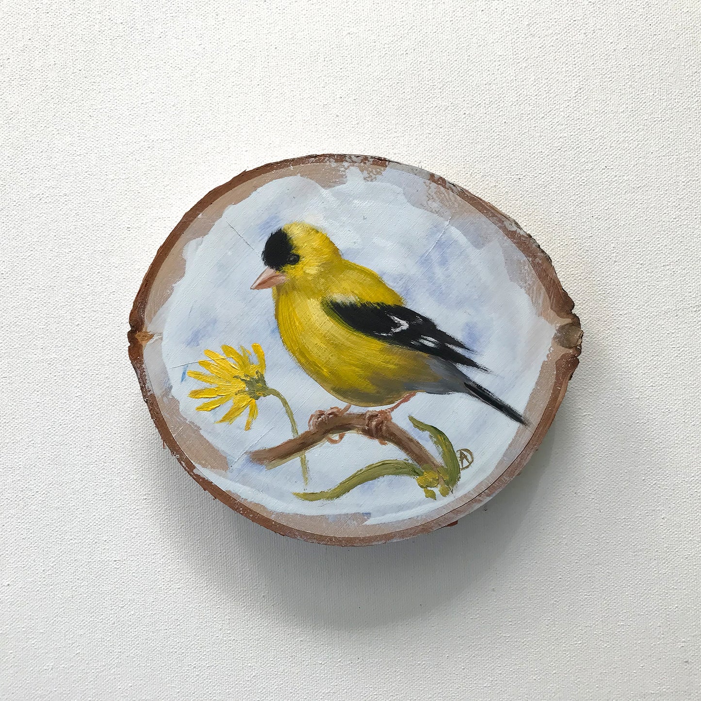 American goldfinch - yellow bird acrylic painting on wood, by Andreea Dumez