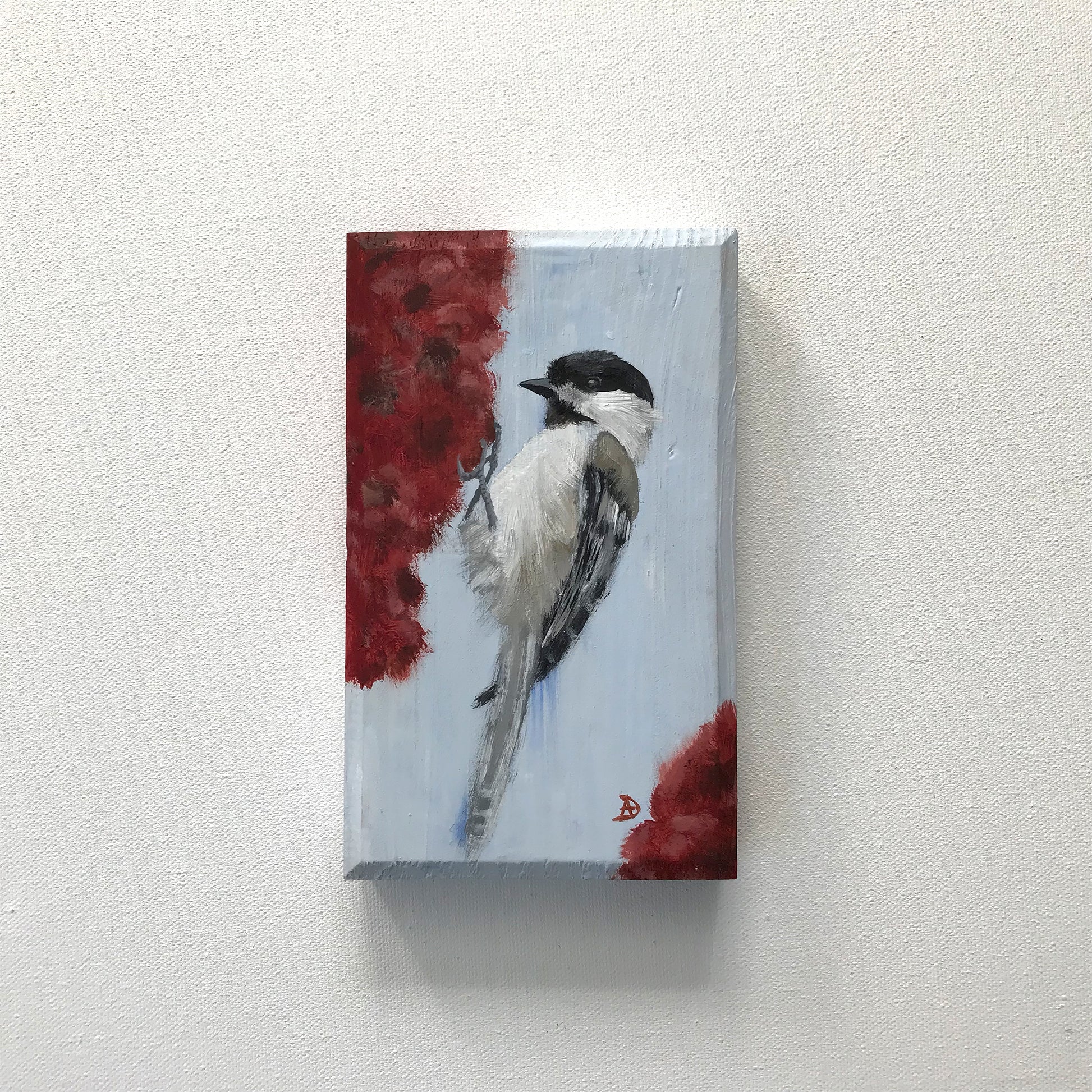 Chickadee on a sumac flower - Original acrylic painting by Andreea Dumez