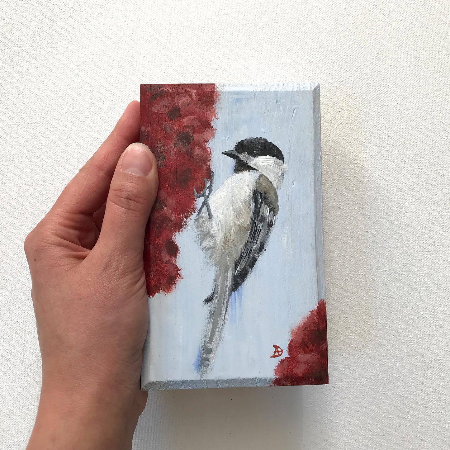 Chickadee on a sumac flower - Original acrylic painting by Andreea Dumez