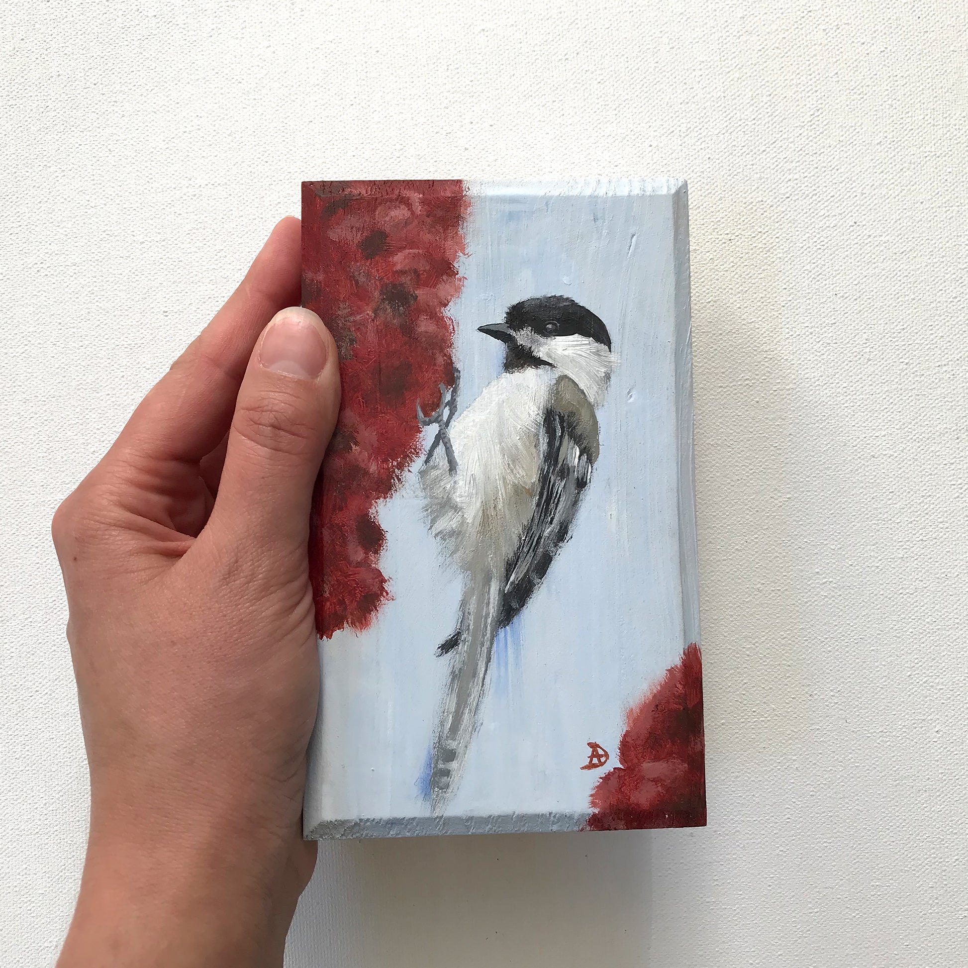 Chickadee on a sumac flower - Original acrylic painting by Andreea Dumez