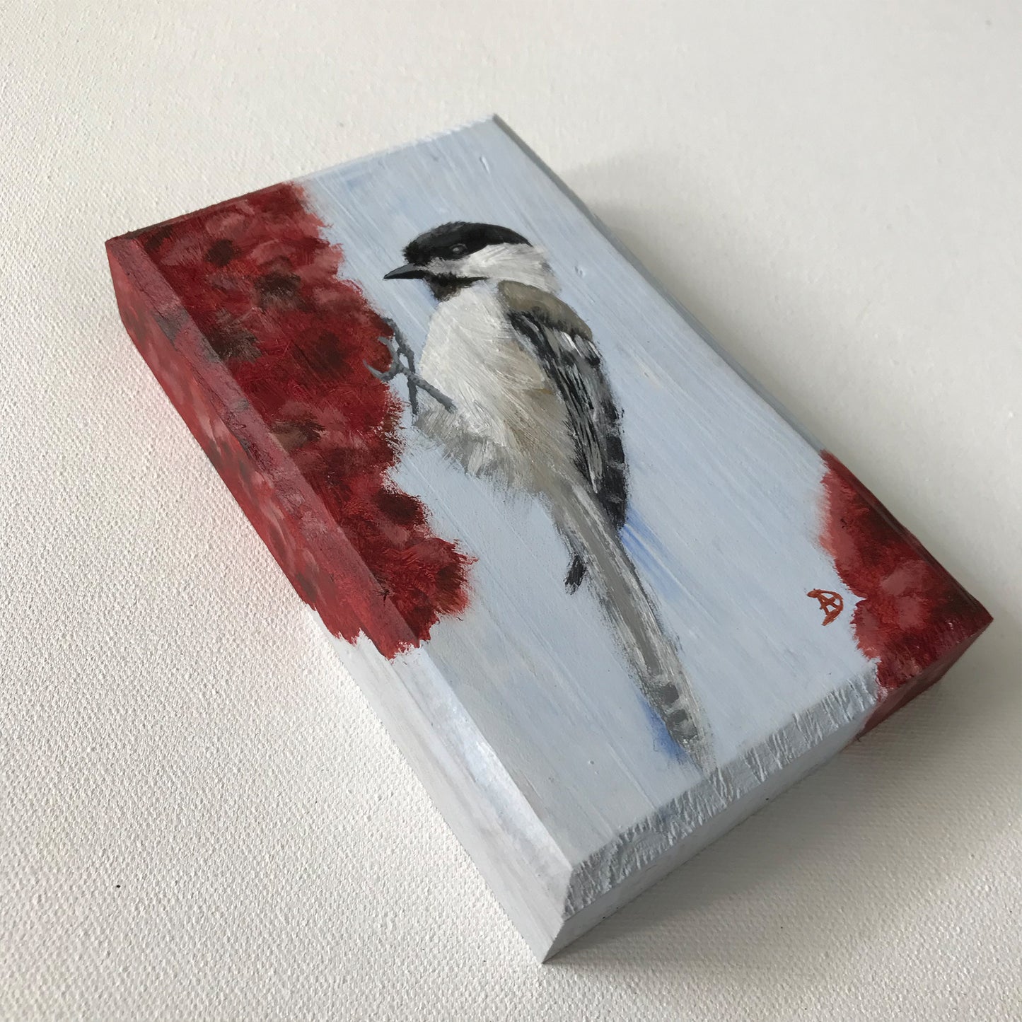 Detail of Chickadee on a sumac flower - Original acrylic painting by Andreea Dumez