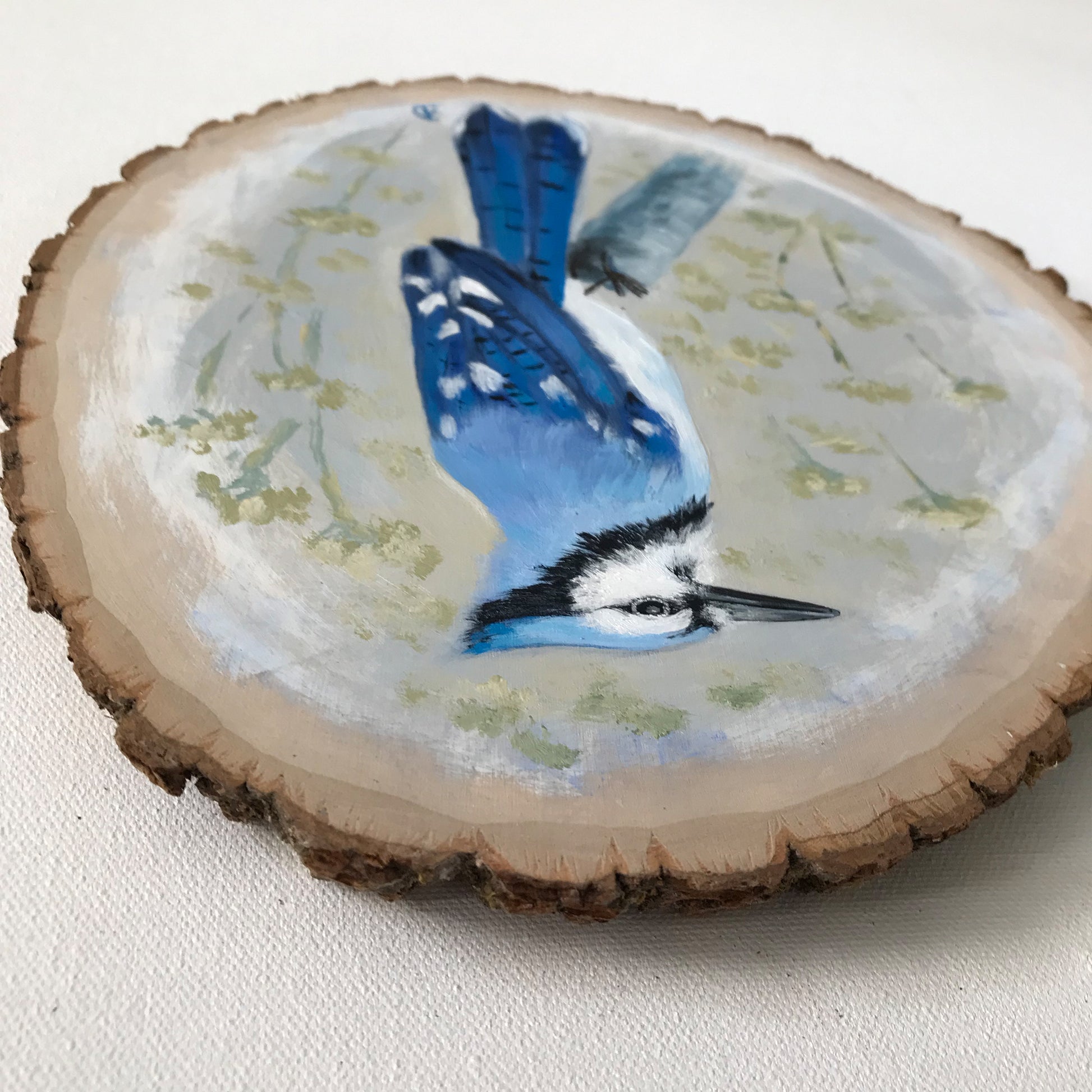 Detail of Blue jay - Original acrylic painting on wood, by Andreea Dumez