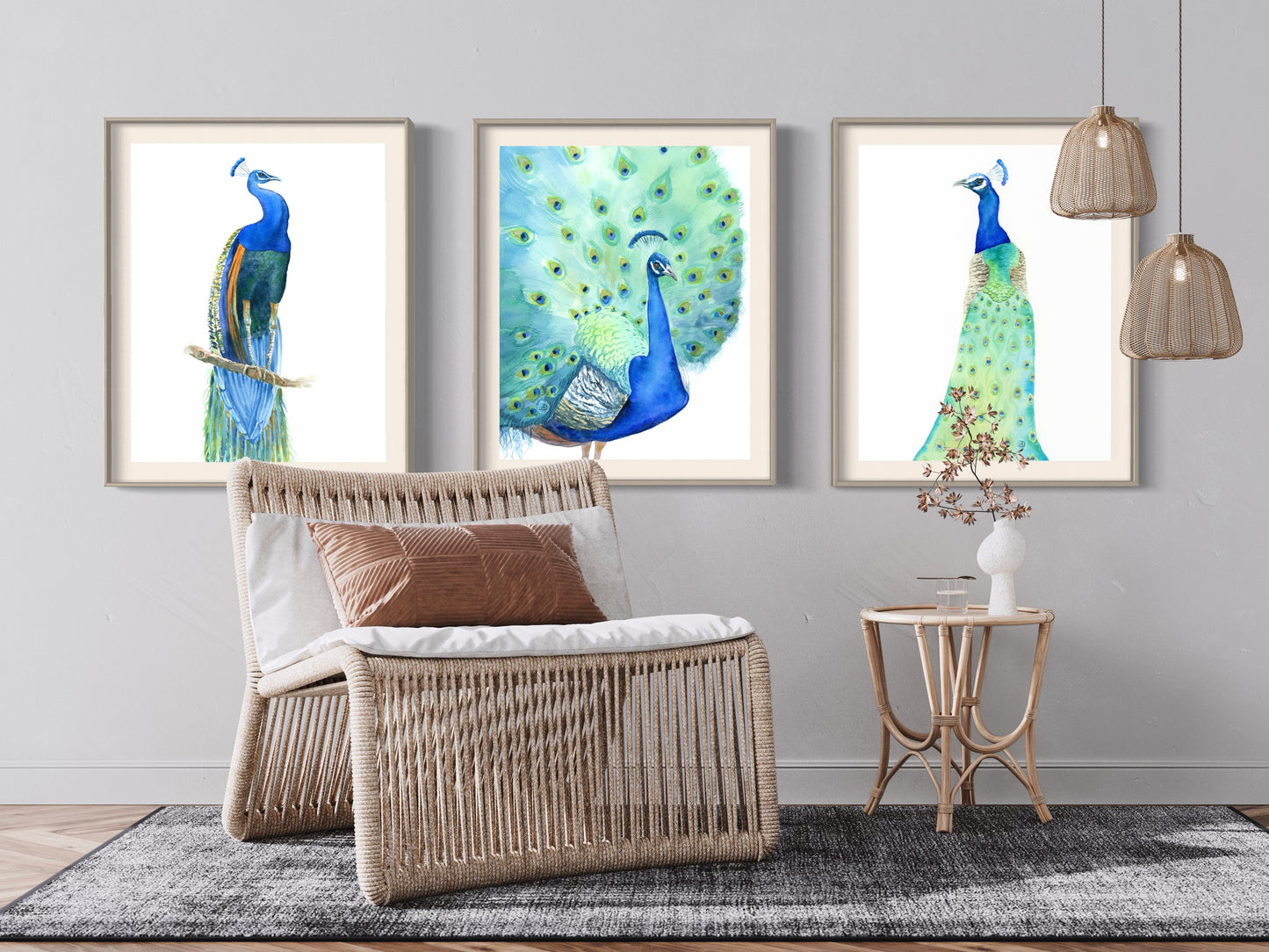 Set of 3 peacock birds - art prints