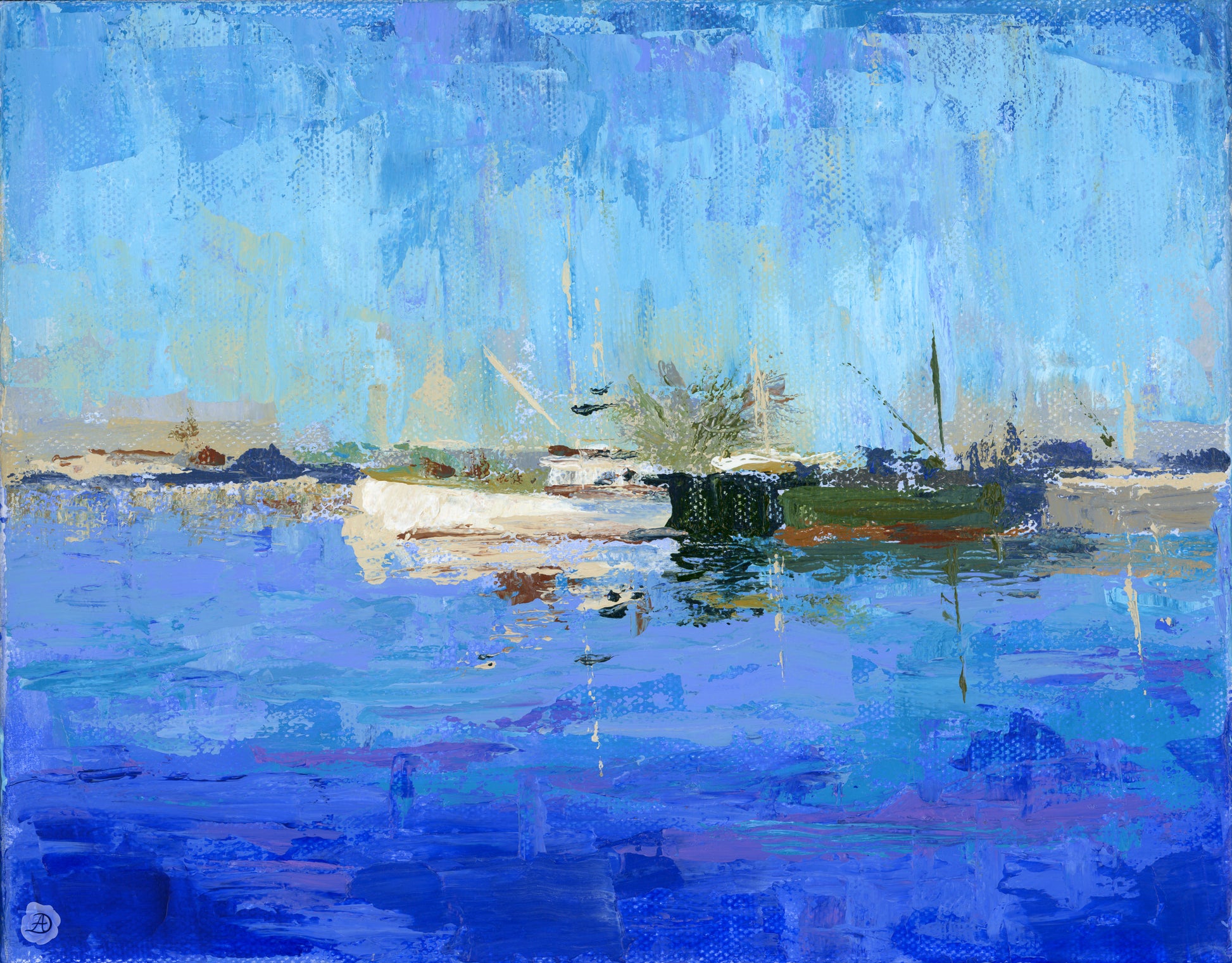 Boats on Piscataqua river, POrtsmouth, NH. Acrylic on canvas painting. 