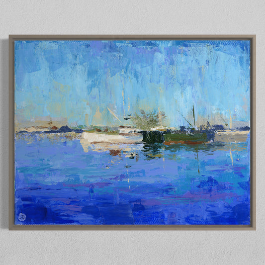 Boats on Piscataqua River, acrylic painting by Andreea Dumez