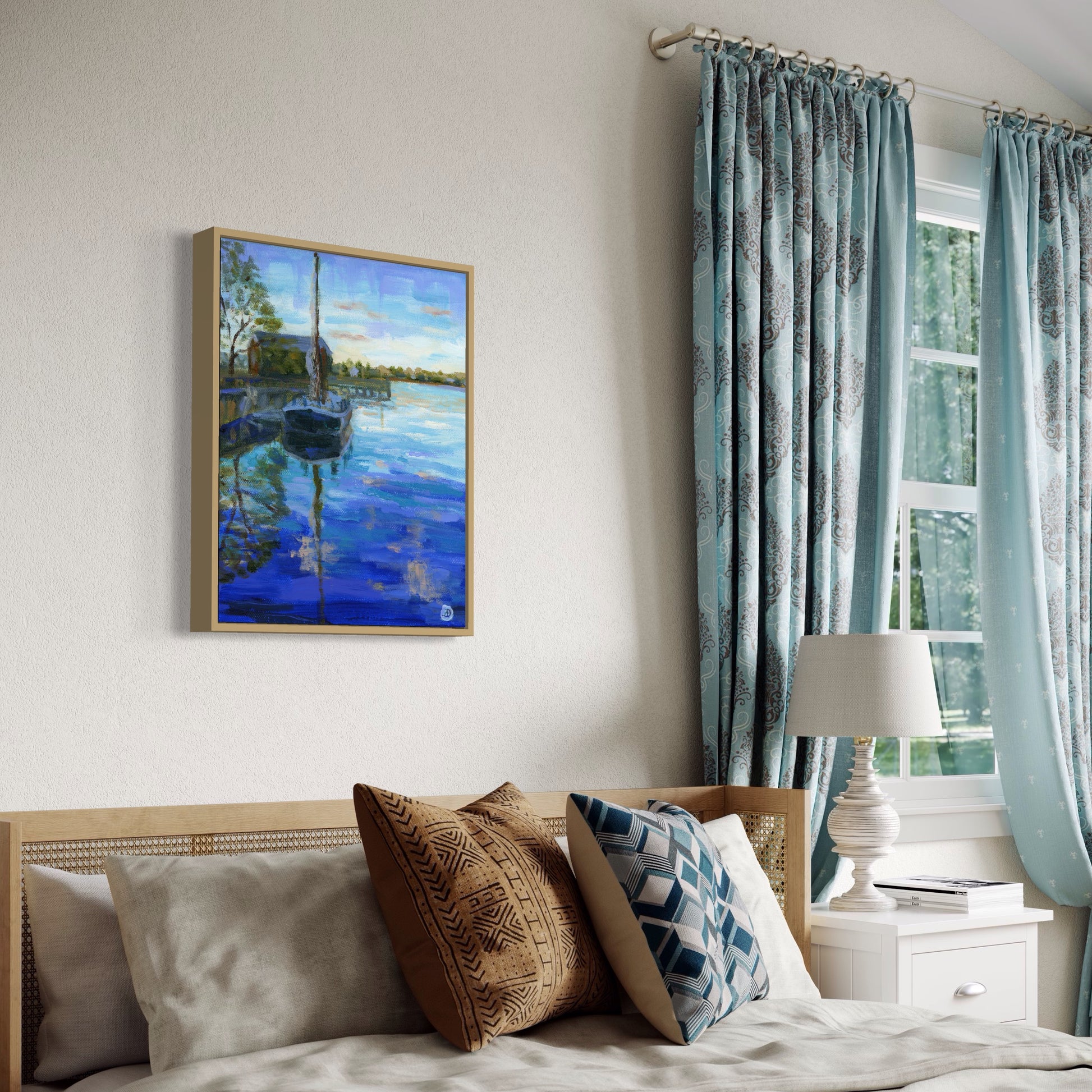 Bedroom interior with a painting depicting a Gundalow at Prescott Park, by Andreea Dumez