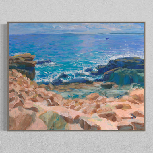 Acrylic painting depicting a seascape with sunny rocks and the Atlantic ocean at the Acadia National Park, by Andreea Dumez 