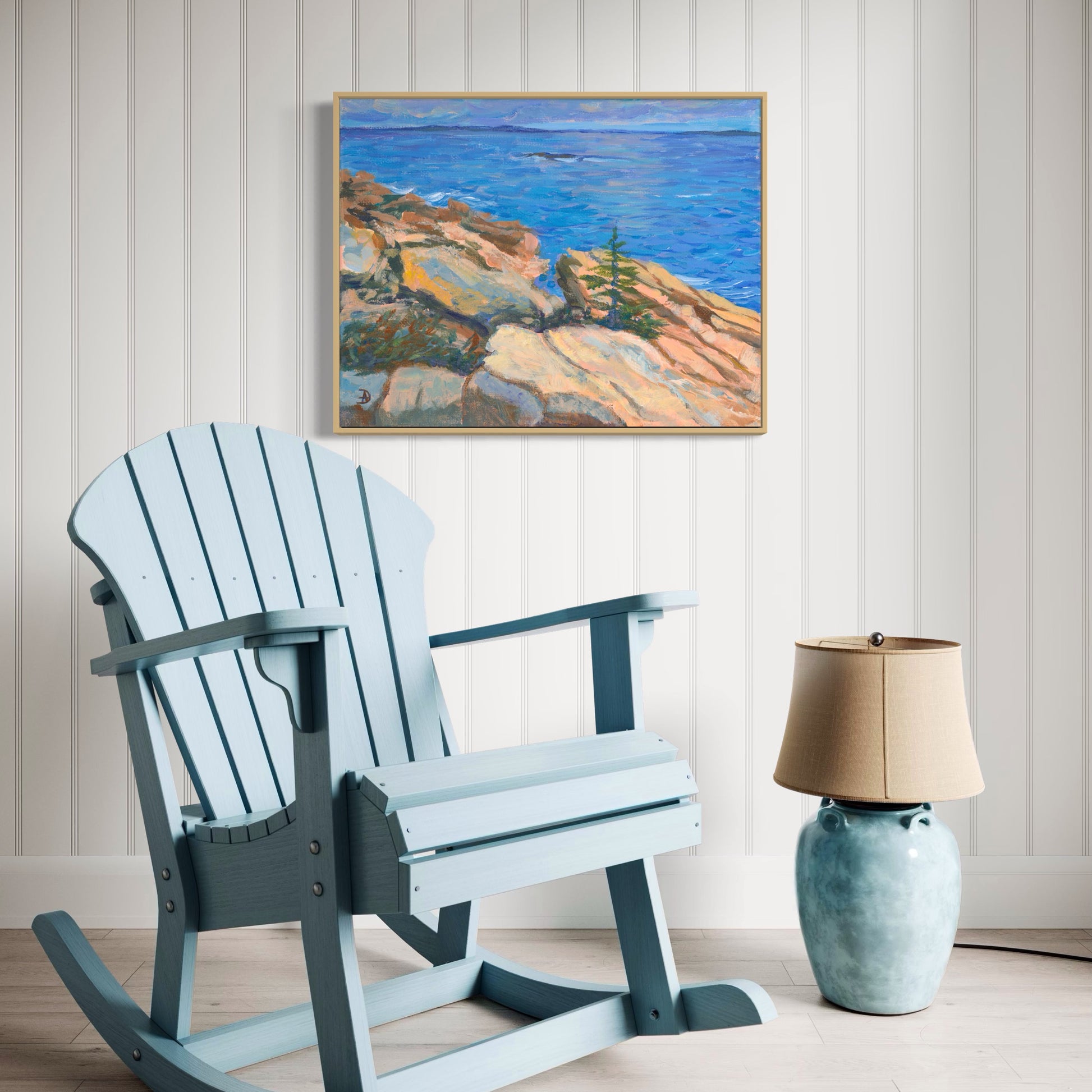 Acrylic painting depicting a seascape with sunny rocks and the Atlantic ocean at the Acadia National Park. 