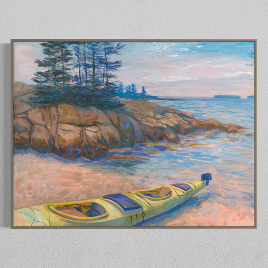 Art print depicting a seascape with a rocky seashore and a yellow kayak, overlooking the islands at Acadia National Park. 