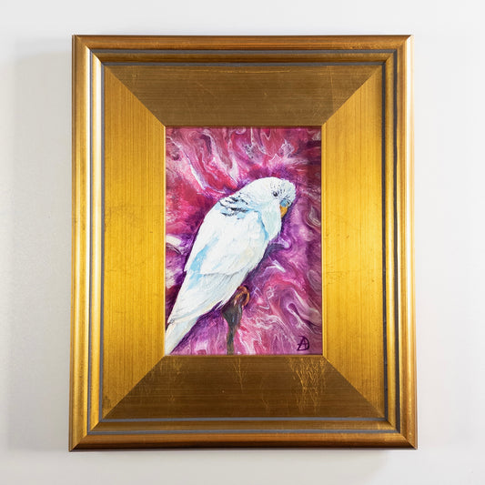 "White Budgie" - a white parakeet original painting by Andreea Dumez