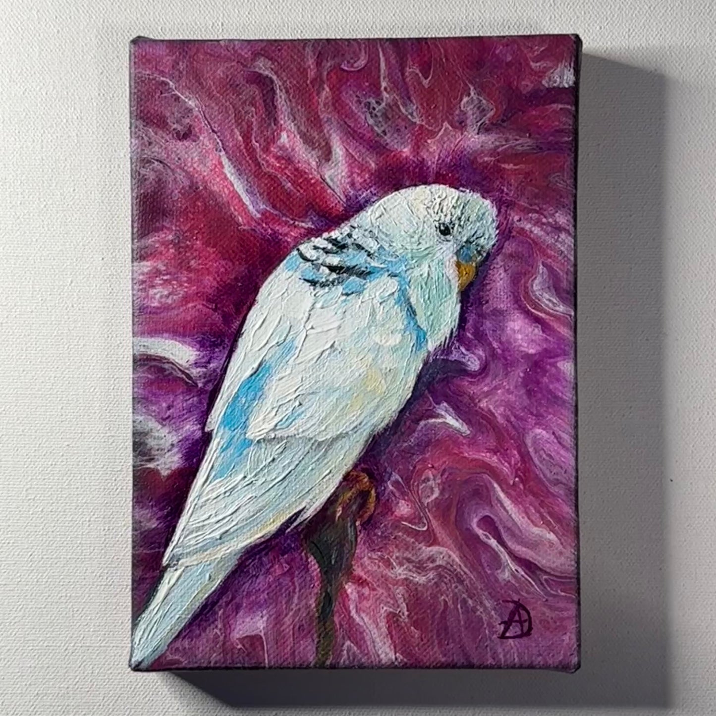 "White Budgie" - a white parakeet original painting by Andreea Dumez