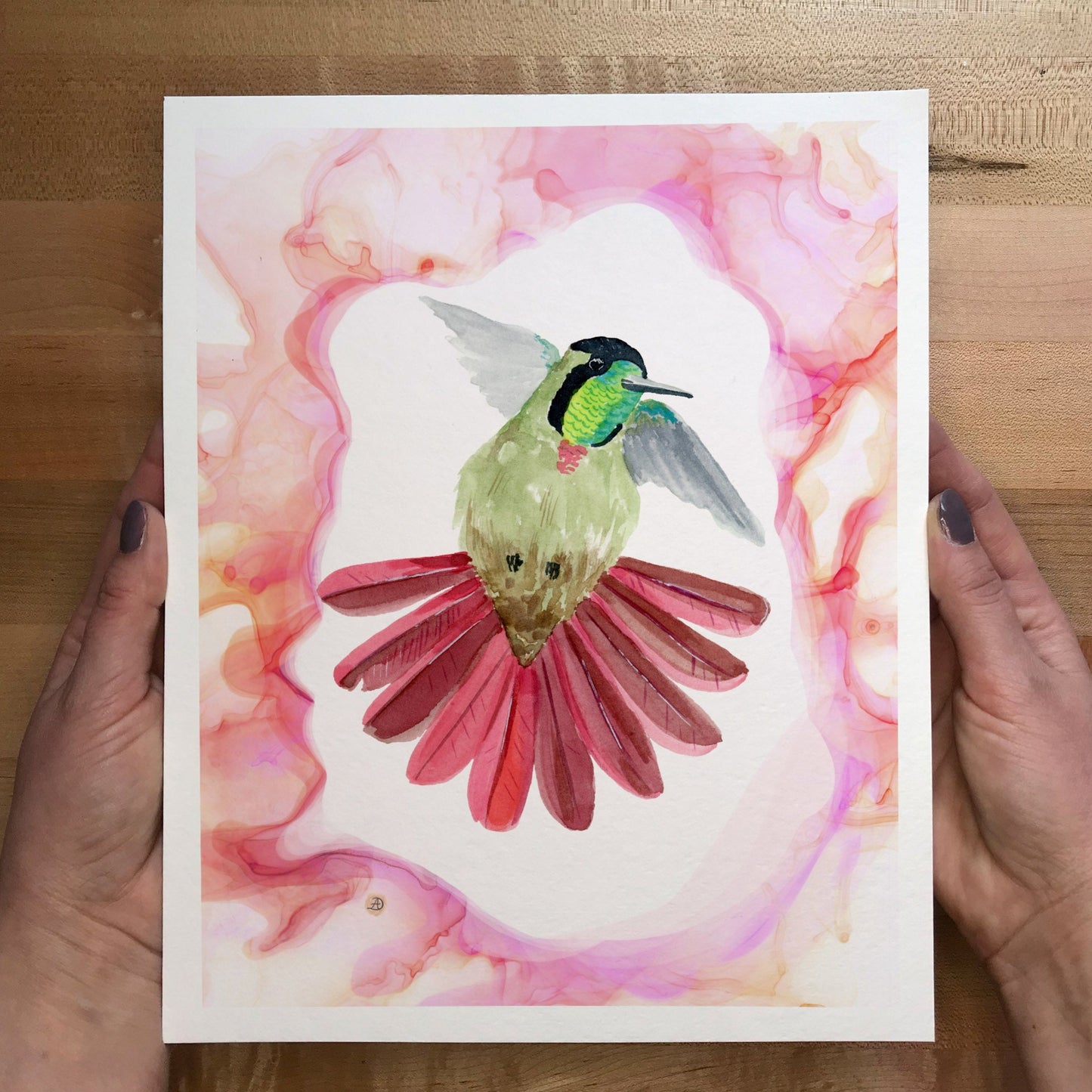 Hummingbird art print in hands