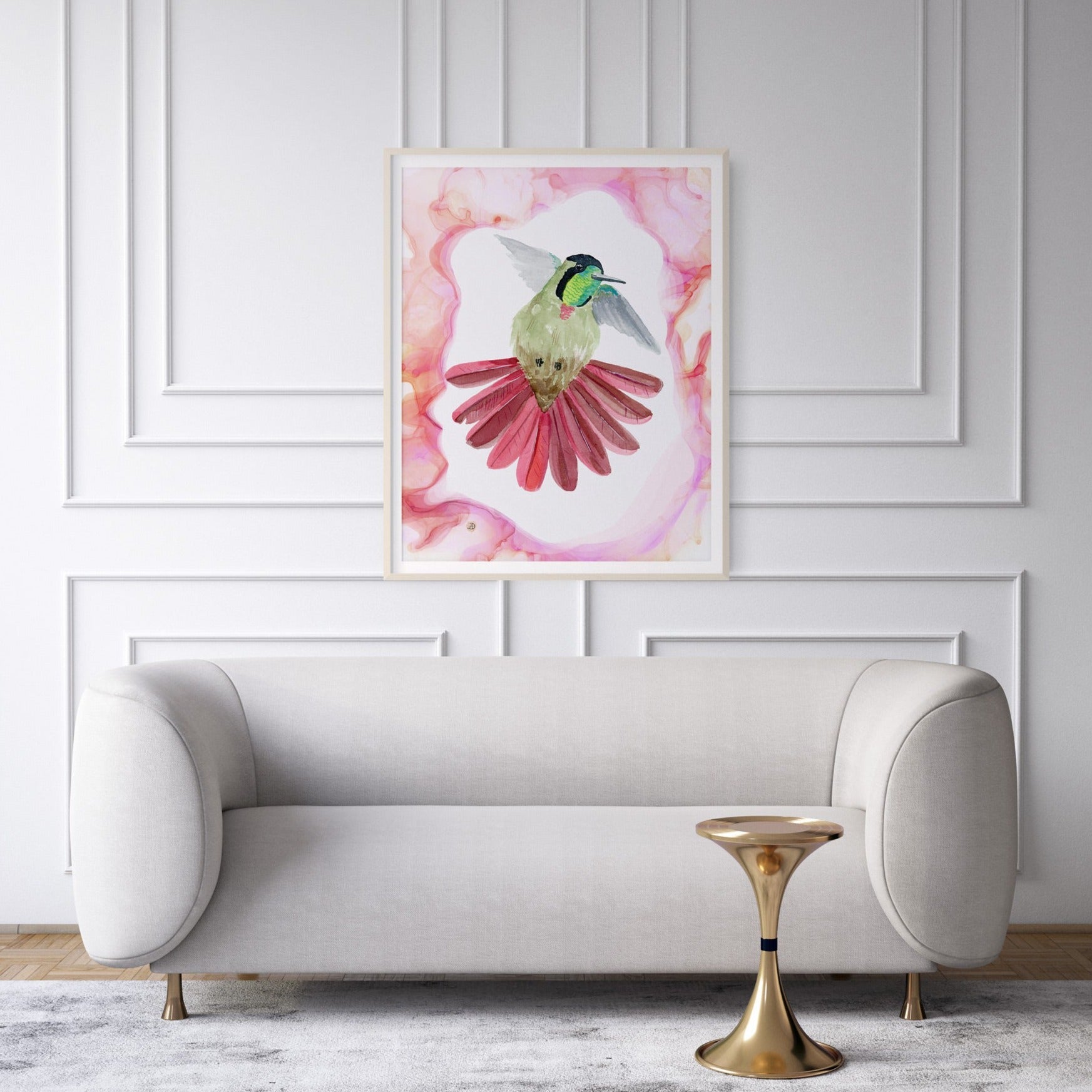 Framed art print of a hummingbird in flight, with fanned tail