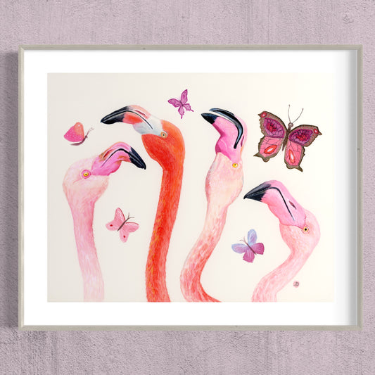 Four cute flamingo heads in cheerful poses. A watercolor painting for children's rooms